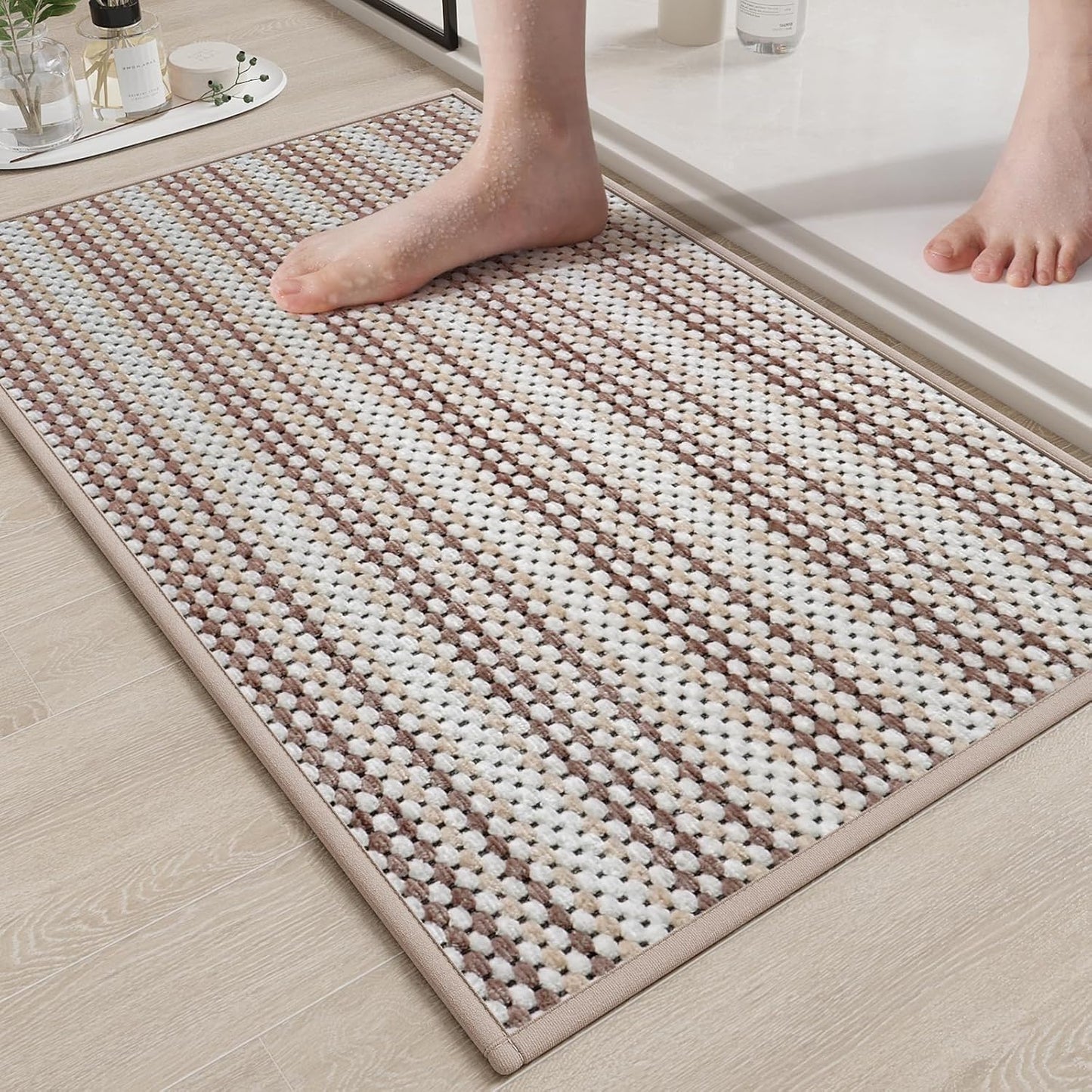 Bathroom Rug Mat,Soft Non Slip Absorbent Water Bath Rug,Quick Dry Machine Washable Chenille Braided Shower Mat,Bath Mat for Bathroom Floor,Home Decor Accessories Coffee 24x35