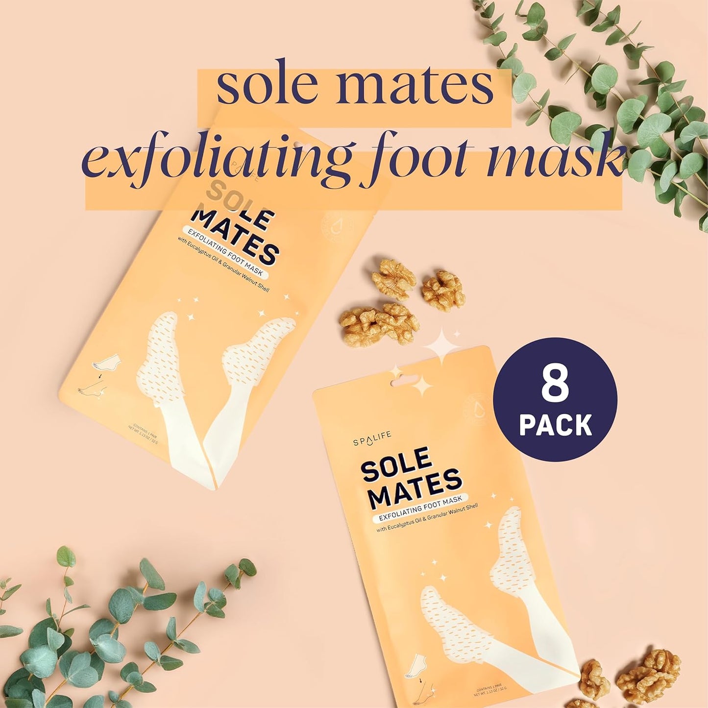 SpaLife Beauty Sole Mates Exfoliating Foot Masks –For Callus Removal with Macadamia Oil, Walnut Shell, and Eucalyptus Oil – 8 Pack