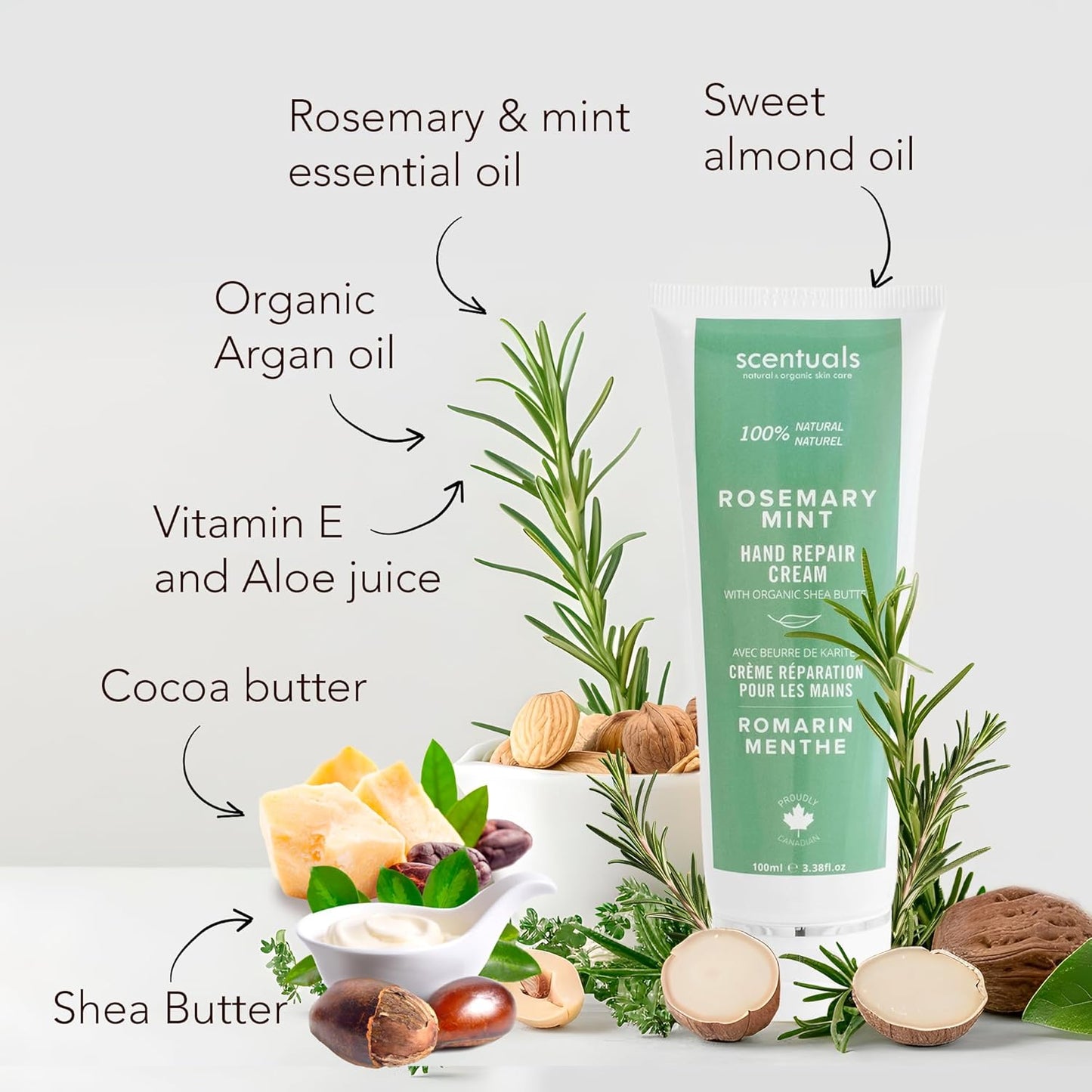 Hand Cream with Rosemary & Mint Essential Oil, Shea Butter, Cocoa Butter, Argan & Almond oil, Vitamin E and Aloe Vera, for Moisturizing Dry Hands, Cruelty Free, Natural Skin Care, 100 ml, 3.4 fl.oz
