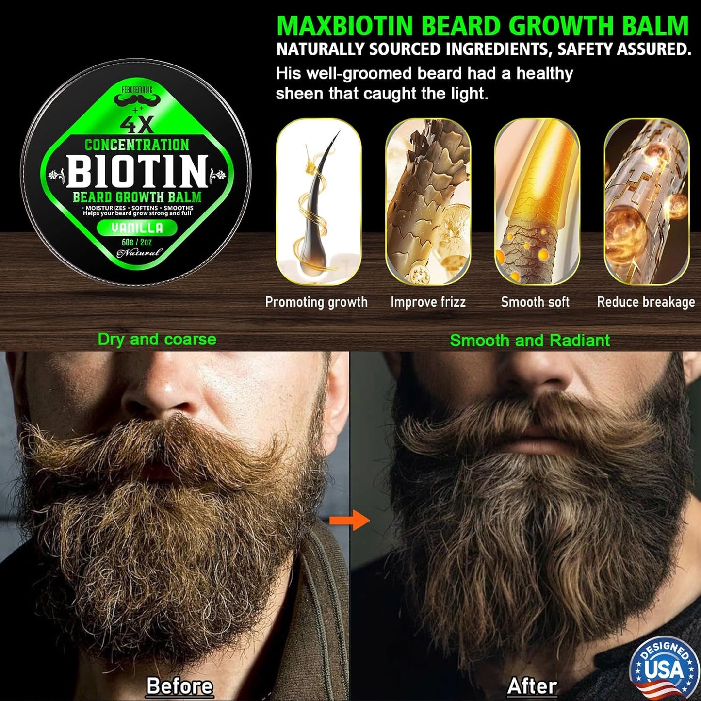 Biotin Beard Growth Balm for Men – Conditioning & Thickening Balm with Castor, Shea & Jojoba Oils – Non-Greasy, Softens & Nourishes for Fuller, Thicker Facial Hair – Vanilla Scent – 2 oz