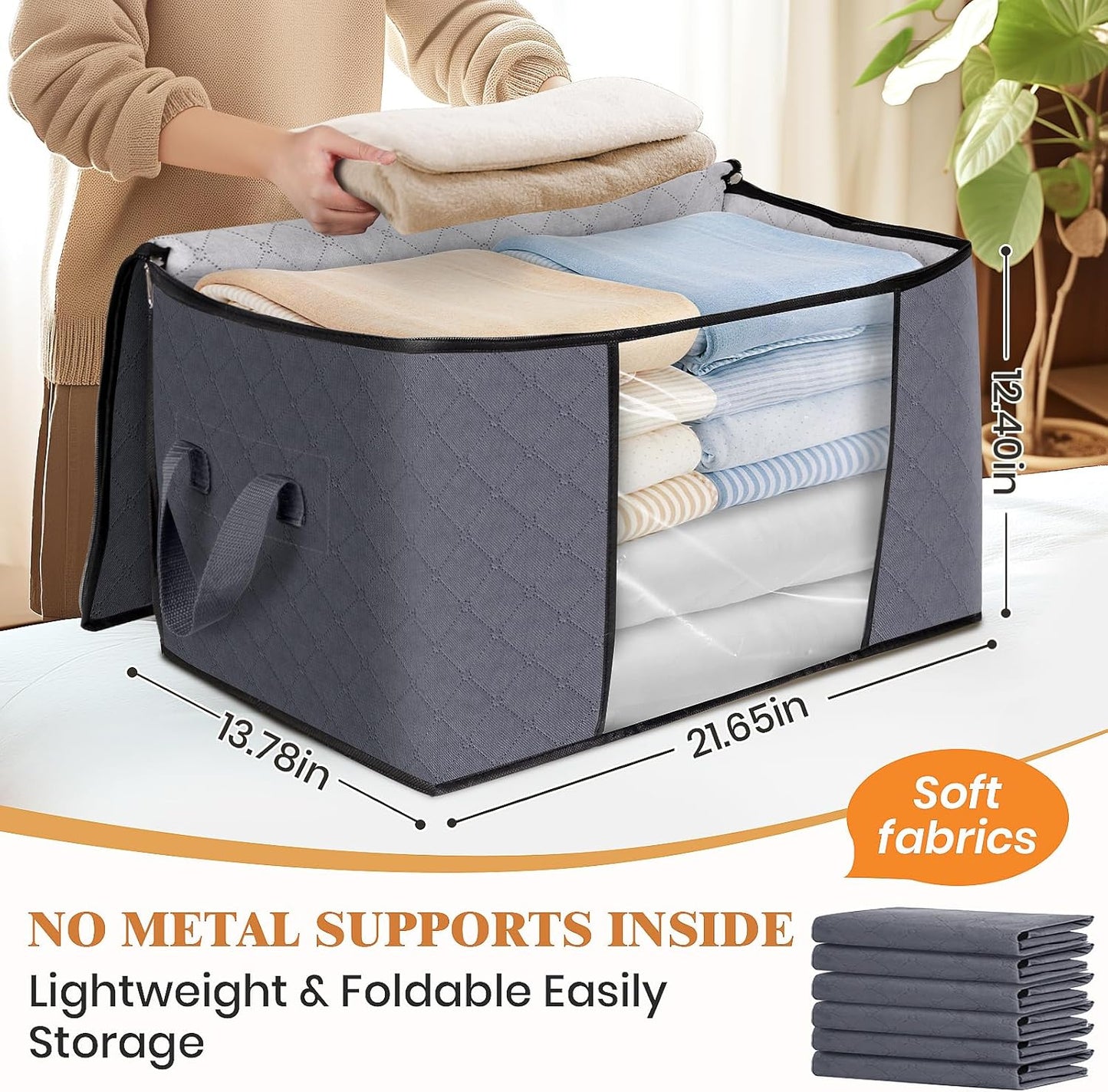 Fab totes 8 Pack Clothes Storage, Foldable Thick Fabric Blanket Storage Bags, Containers for Organizing Bedroom, Closet, Clothing, Comforter,Closet Organization with Handle,Grey