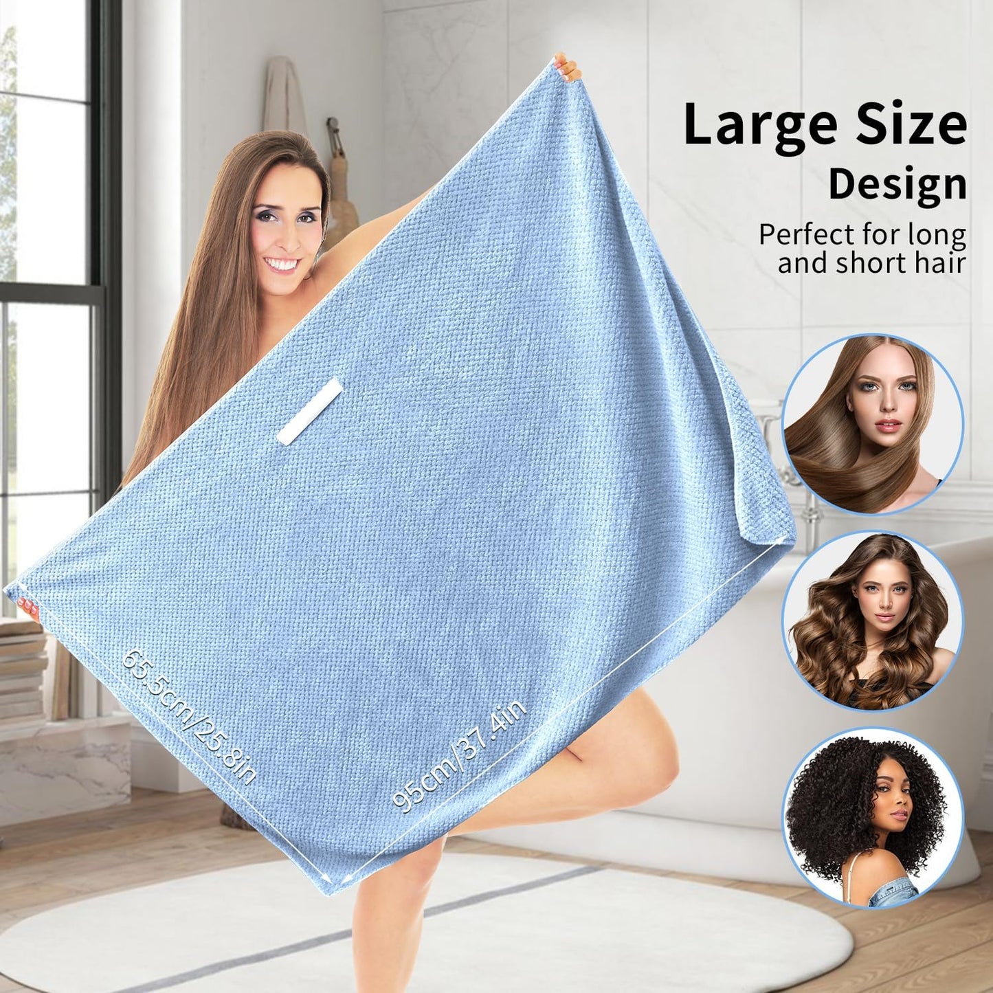 2 Pack Extra Large Microfiber Hair Towel Wrap for Women, 37.4" x 26.4" Super Absorbent & Quick Dry with Elastic Strap for Curly Hair (Blue)