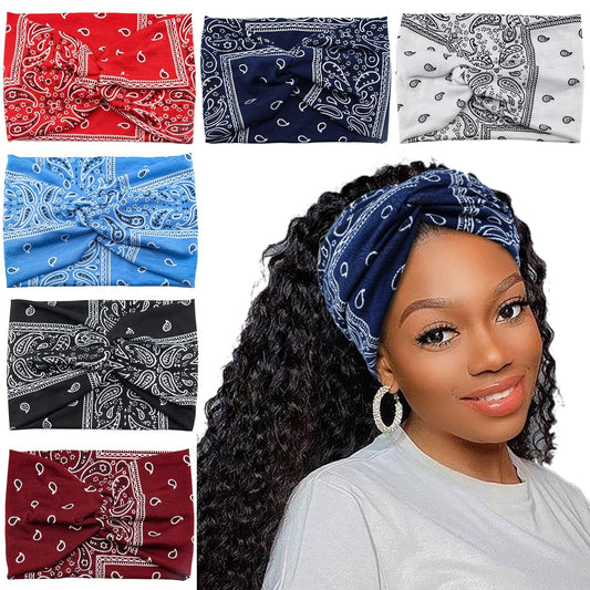 Wide Bandana Head Wraps - Boho Twist Turban Headbands for Women's Hair, Pack of 6