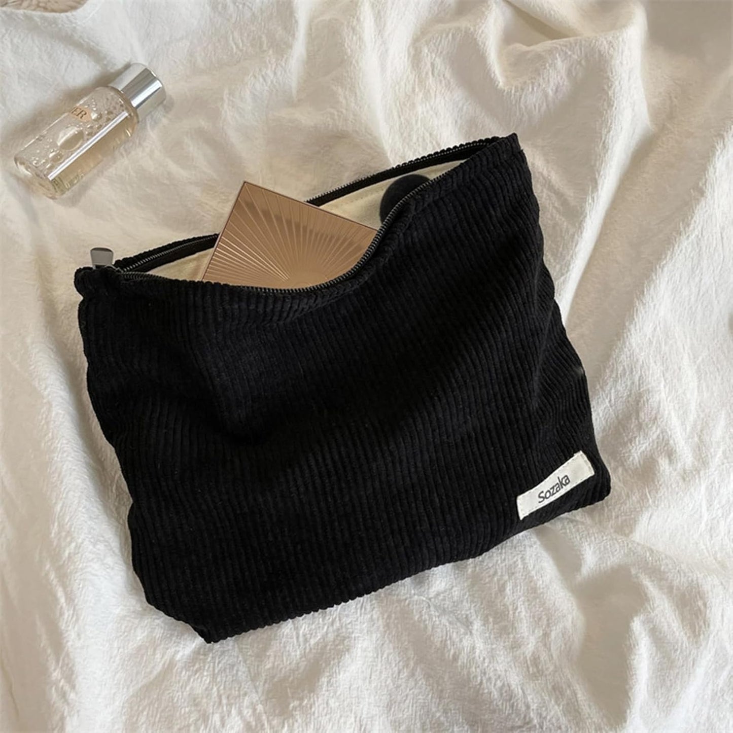 Cosmetic Bags for Women - Corduroy Cosmetic Bag Aesthetic Women Handbags Purses Smile Dots Makeup Organizer Storage Makeup Bag Girls Case Bags (Pure Black)