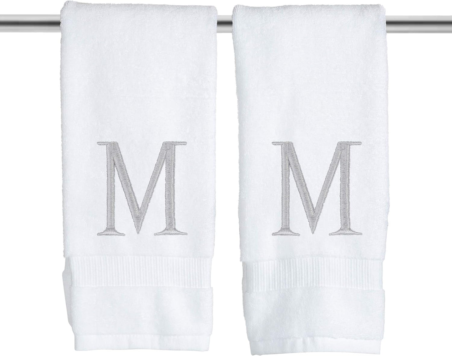 Monogrammed Hand Towels for Bathroom - Luxury Hotel Quality Personalized Initial Decorative Embroidered Bath Towel for Powder Room, Spa - GOTS Organic Certified - Set of 2 Letter M