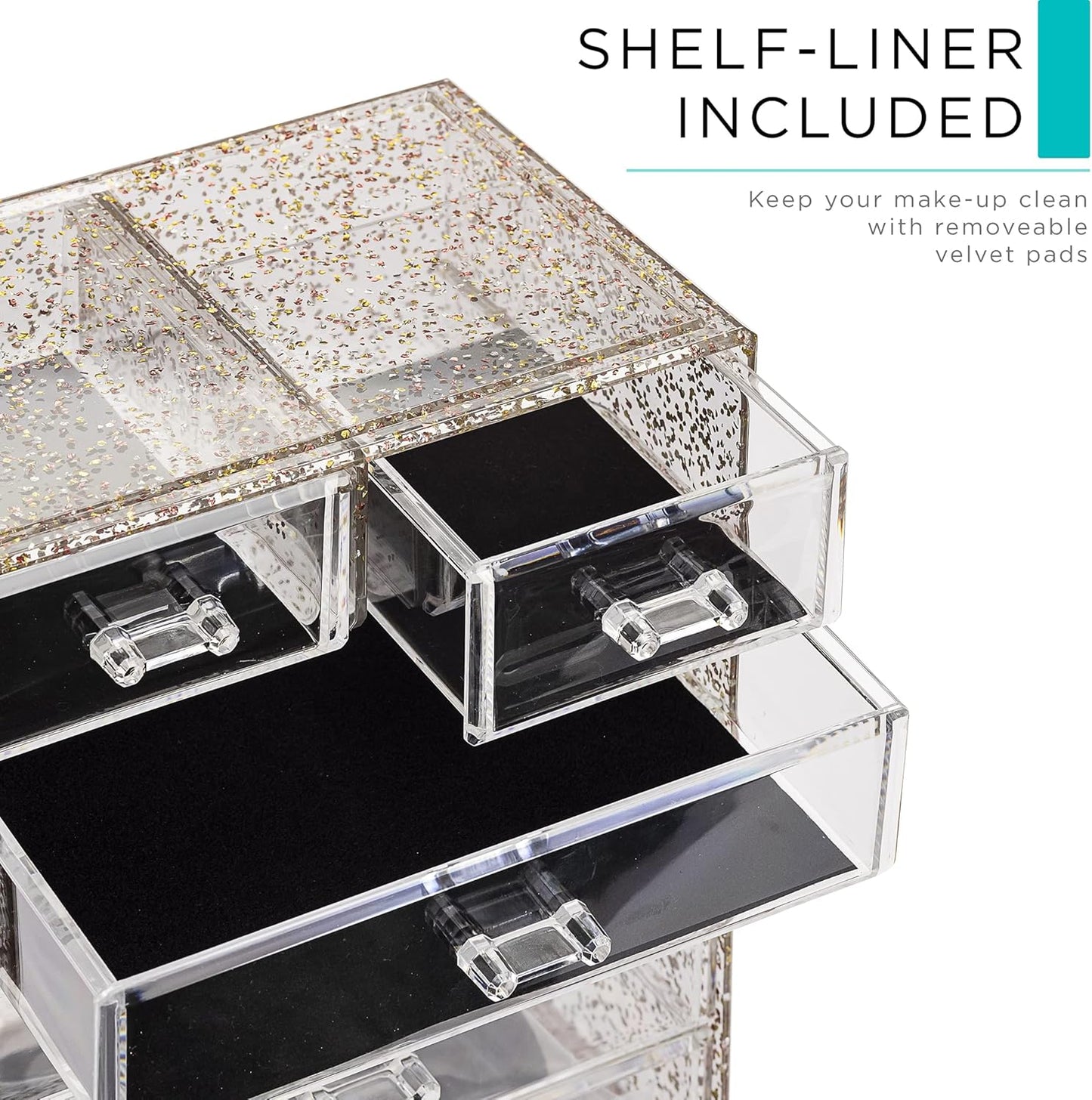 Sorbus Clear Cosmetic Makeup Organizer - Make Up & Jewelry Storage, Case & Display - Spacious Design - Great Holder for Dresser, Bathroom, Vanity & Countertop (4 Large, 2 Small Drawers) [Glitter]