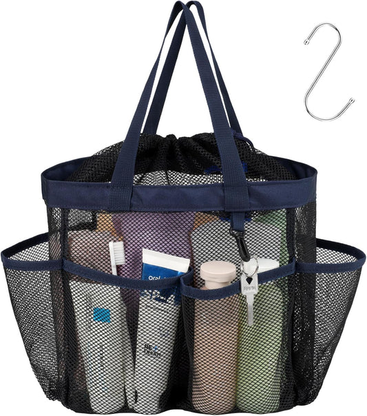 F-color Mesh Shower Caddy Portable with Drawstring - Deeper 7 Pockets Dorm Room Essentials for Guys Girls with S Hook, Shower Bag Tote for College Camping Toiletry Bathroom, Black with Dark Blue