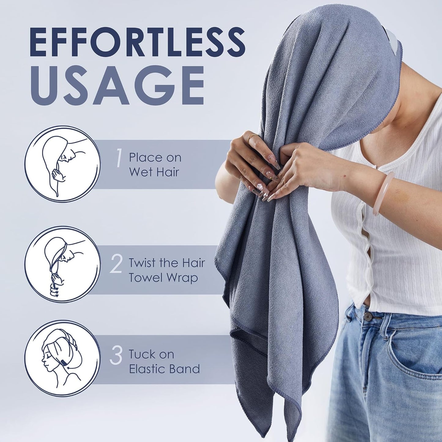 Large Microfiber Hair Towel Wrap for Women (27x40 Inches). Anti Frizz Rectangle Drying Towel with Elastic Band for Long, Curly, and Thick Hair. Includes Reusable Carry Bag (Bright White)