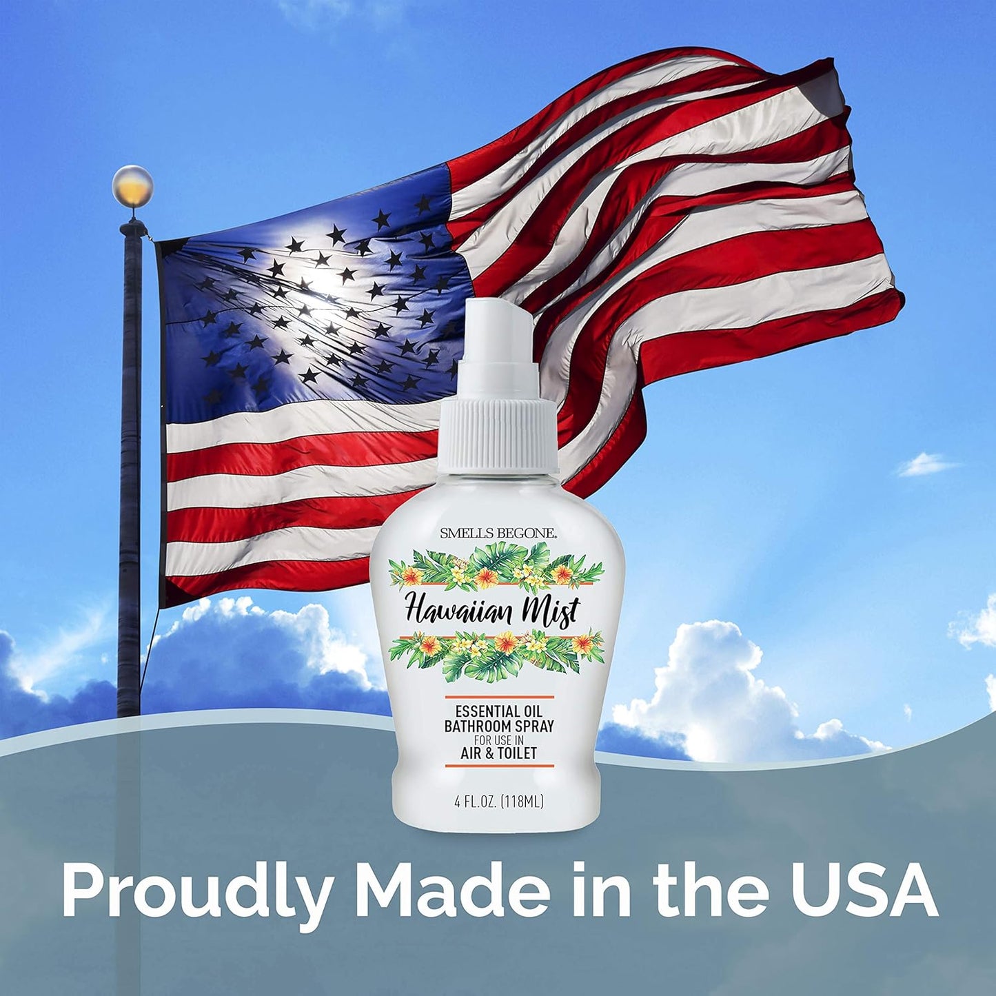 SMELLS BEGONE 4 oz Essential Oil Air Freshener Bathroom Spray - Eliminates Bathroom & Toilet Odors - Made with Essential Oils - Hawaiian Mist Scent
