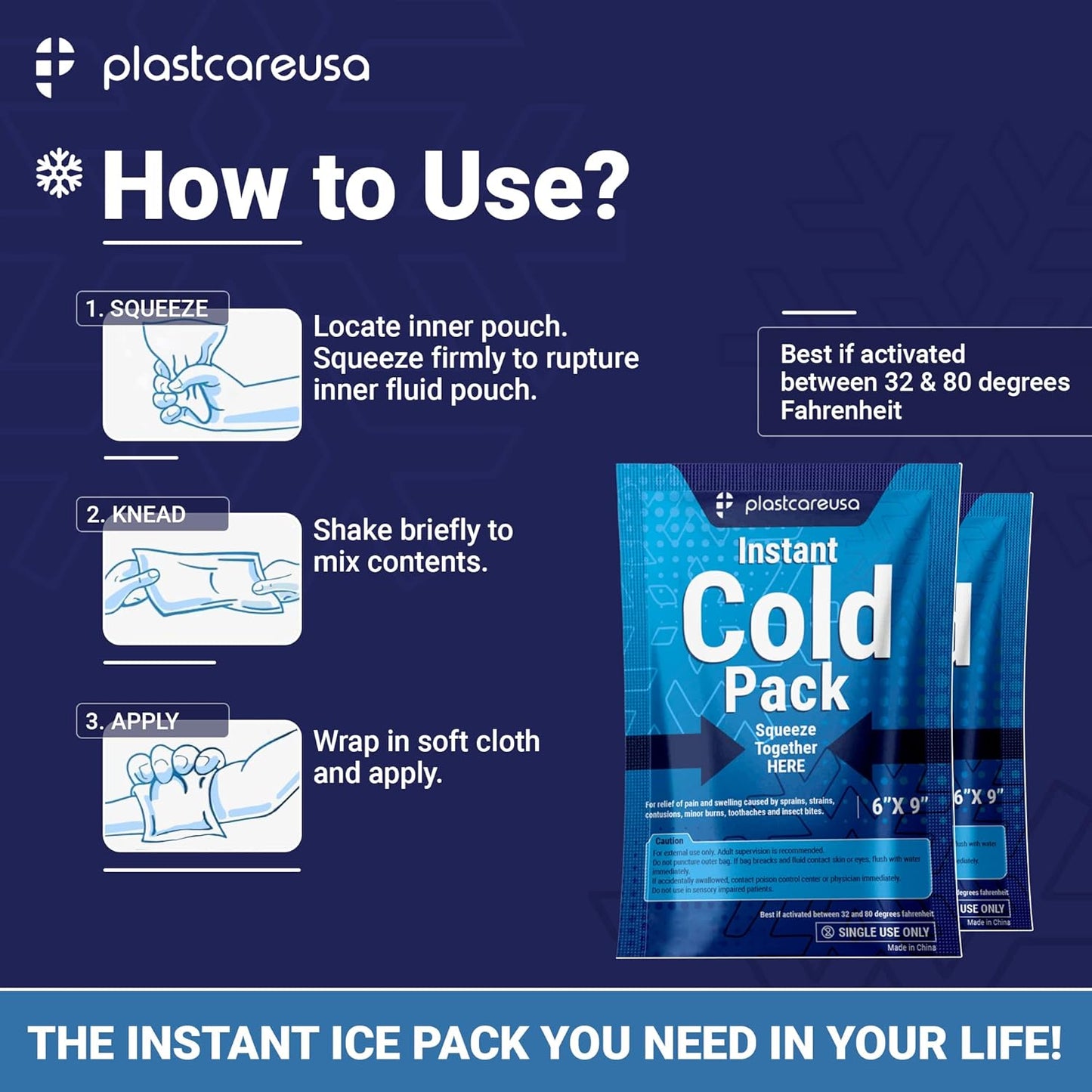 25 Pack 6" x 9" Disposable Ice Packs for Injuries, Swelling, Muscle & Joint Aches, Sprains & Abrasions - Easy to Use Disposable Cold Compress for Pain Relief - PlastCare USA Instant Cold Packs