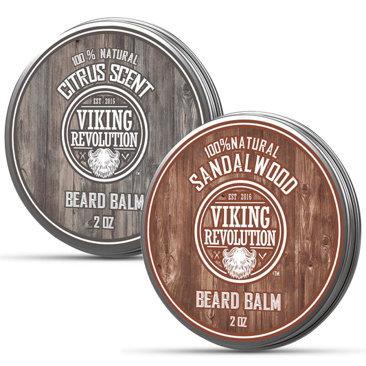 Viking Revolution Citrus and Sandalwood Beard Balm - Butter With Argan Oil, Softener With Jojoba Oil, Moisturizer With Beeswax - Wax for Men With Mango Butter (2oz, 2 Pack)