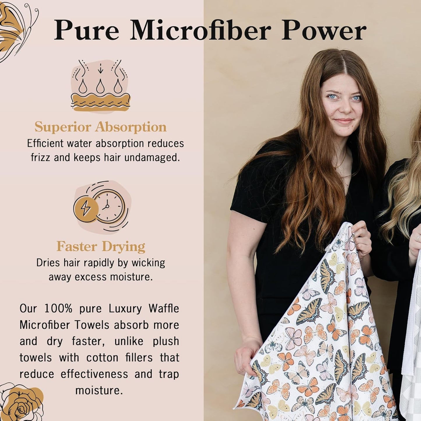 Microfiber Hair Towel Wrap for Women - Anti-Frizz Quick Dry Hair Wrap for Long Hair - Hair Towels for Women, Hair Drying Towel Wrap-Monarch Butterflies