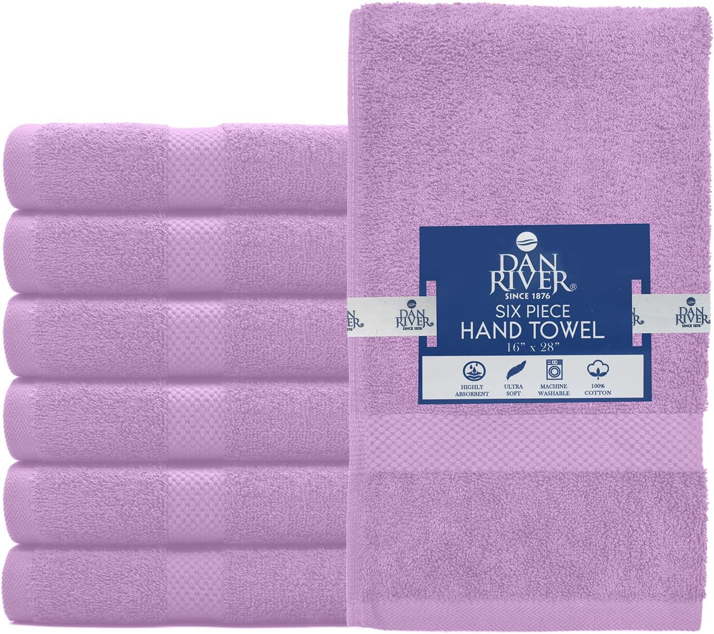 DAN RIVER 6-Pack Premium Hand Towels (16x28 Inches) - 100% Cotton, Ultra Soft, Lightweight, Highly Absorbent Towels for Bathroom, Spa, Gym, Salon, Hotel, and Travel - 550 GSM - Lavender