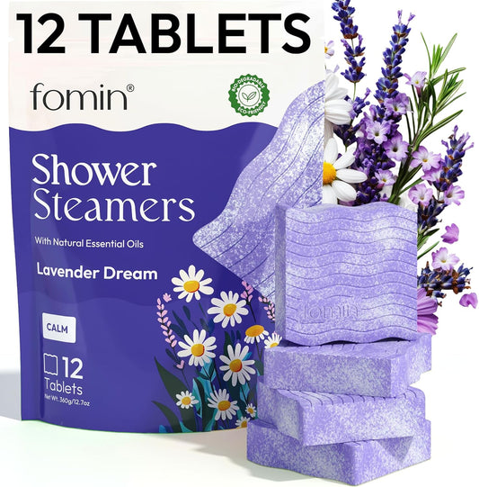 FOMIN Aromatherapy Shower Steamers - 12 Count - Lavender Dream Bath Bombs with Essential Oils for Stress Relief & Relaxation - Self Care, Spa Gifts for Women and Men - Shower Aroma for Body Wellness