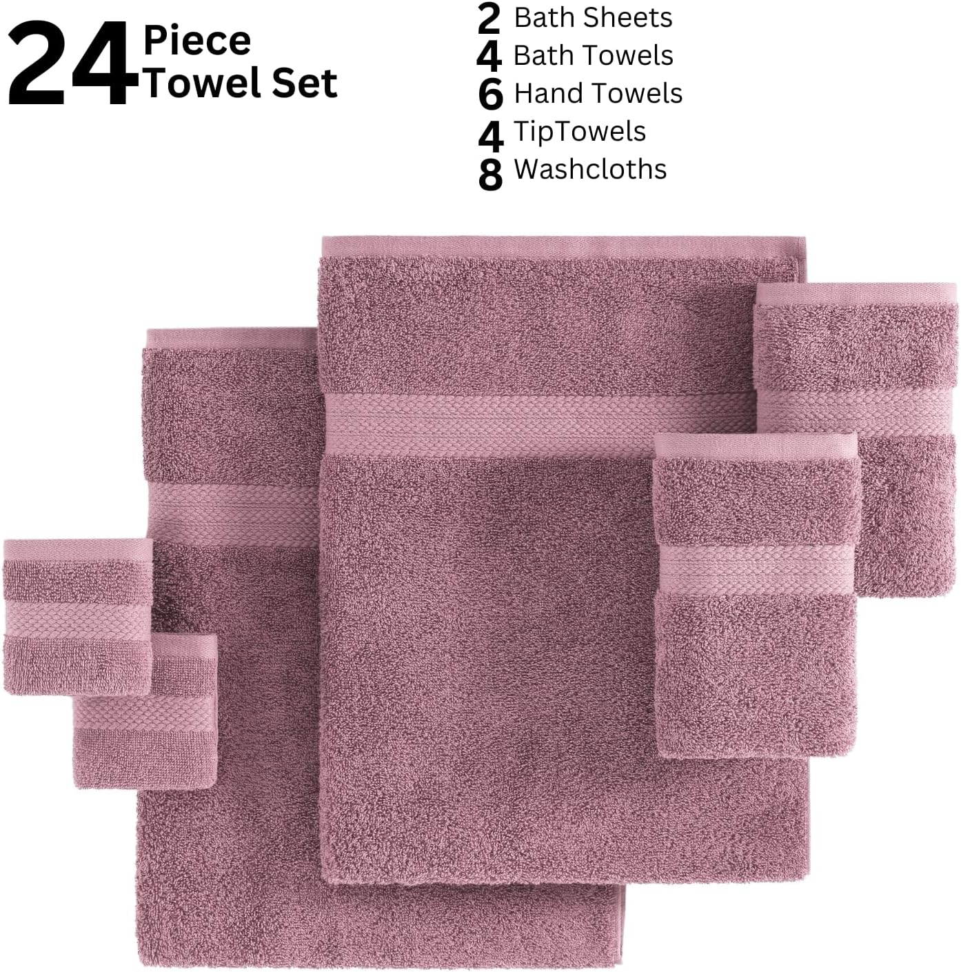 LANE LINEN 100% Cotton Bathroom Towel Set - 24 Pc- Ring Spun, Soft & Absorbent - 2 Bath Sheets, 4 Fingertip, 4 Bath, 6 Hand Towels, 8 Washcloths - Remains Fluffy Even After Washing - Wishful Mauve