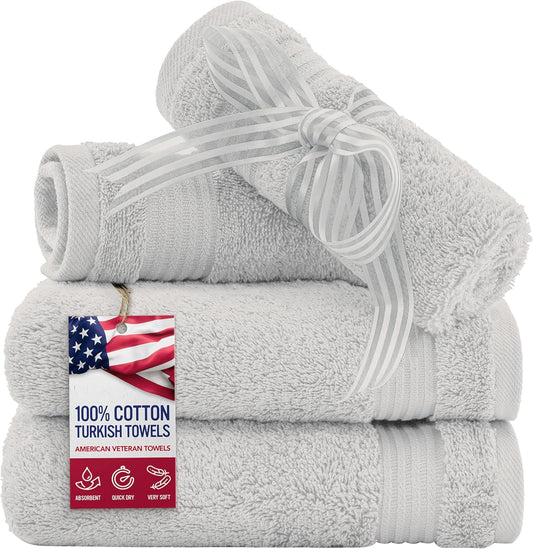 American Veteran Towel, 100% Cotton Turkish Washcloths for Bathroom Essentials 4 Pack, Soft Absorbent Wash Cloths Quick Drying Small Towels Washrags, Silver Grey