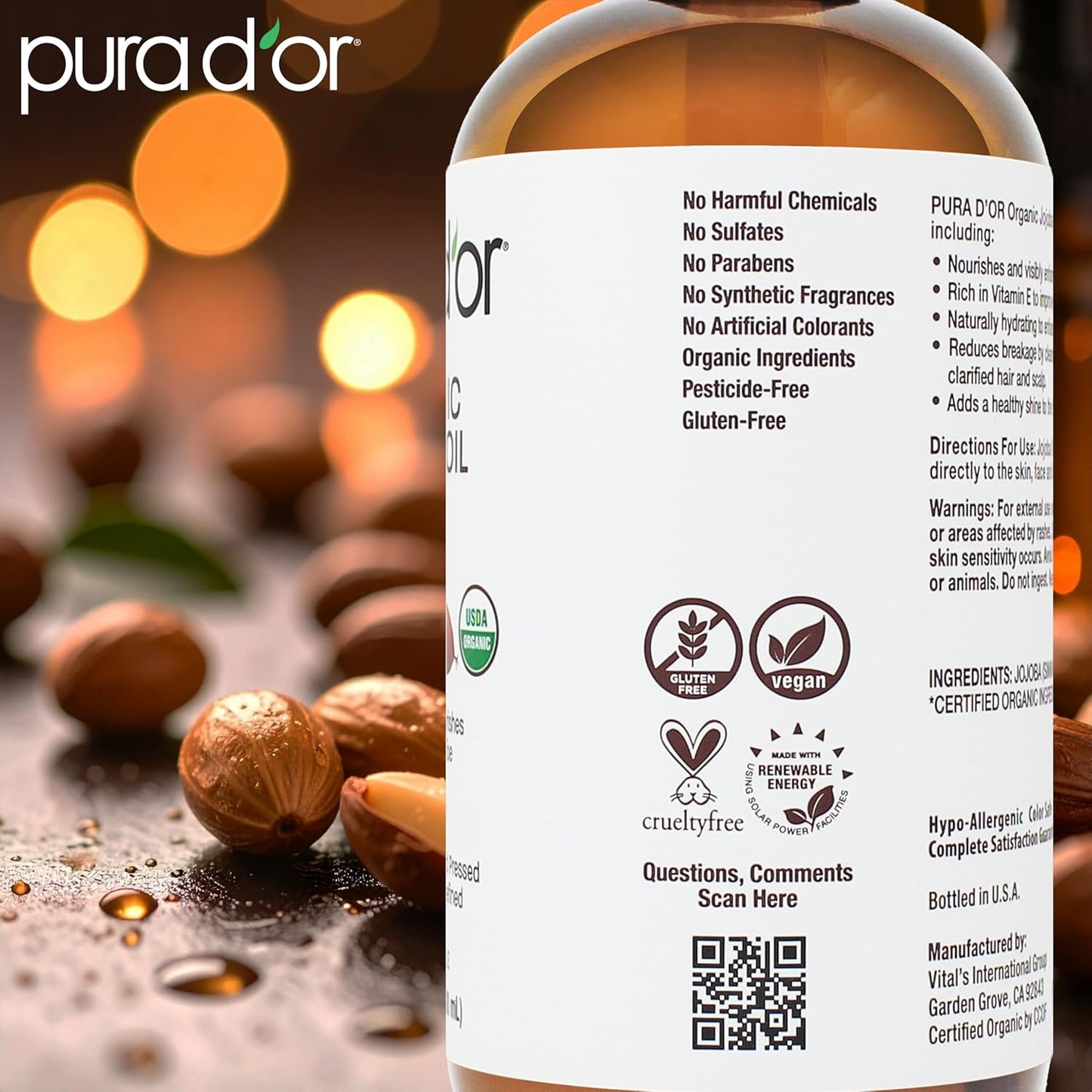 PURA D'OR 16.9 Oz Organic Jojoba Oil (GLASS BOTTLE) USDA Certified - 100% Pure & Natural Moisturizer - Cold Pressed, Unrefined, Hexane Free Base Carrier Oil For DIY Skin Care, Hair, Face & Nails