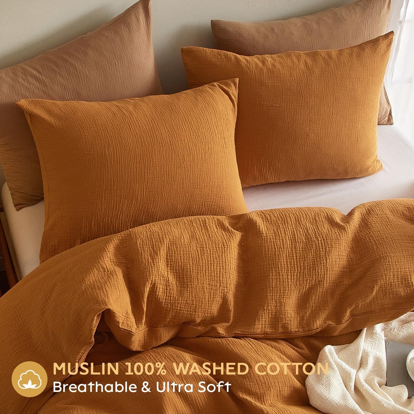 SE SOFTEXLY Muslin Pillowcases King Size 100% Cotton, 2 Pack Linen Like Pillow Shams with Envelope Closure, Ultral Soft and Breathable Pillow Case Covers, Pumpkin, 20" X 36", No Filling