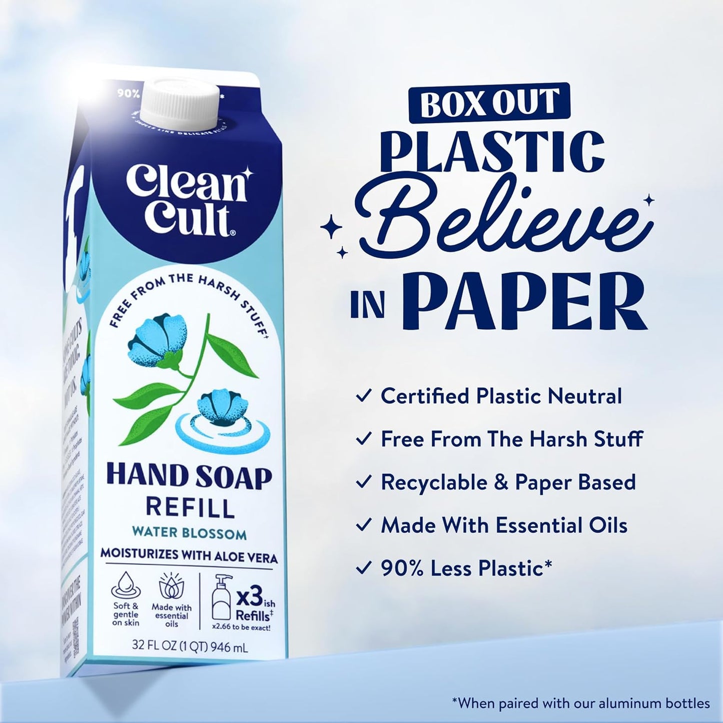 Cleancult Liquid Hand Soap Refill - Water Blossom - Moisturizes Dry & Sensitive Skin - Made with Aloe Vera & Essential Oils - Eco Friendly - Paper-Based Packaging - 32 oz/2 Pack