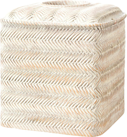 Tissue Box Cover Square Resin Tissue Holder for Home Decor,Hand Carved Wicker Tissue Box Holder,5.3 x 5.3 x 5.9 inches, Farmhouse White