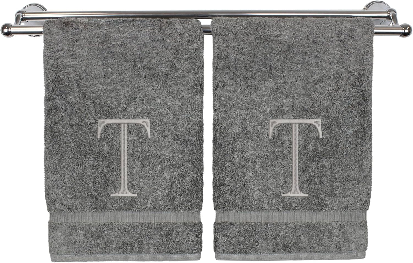 Monogrammed Hand Towel, Personalized Initial Gift, Extra Absorbent 100% Turkish Cotton - Soft Terry Finish - Set of 2 - Silver Block Initial T - Embroidered on Grey Towels