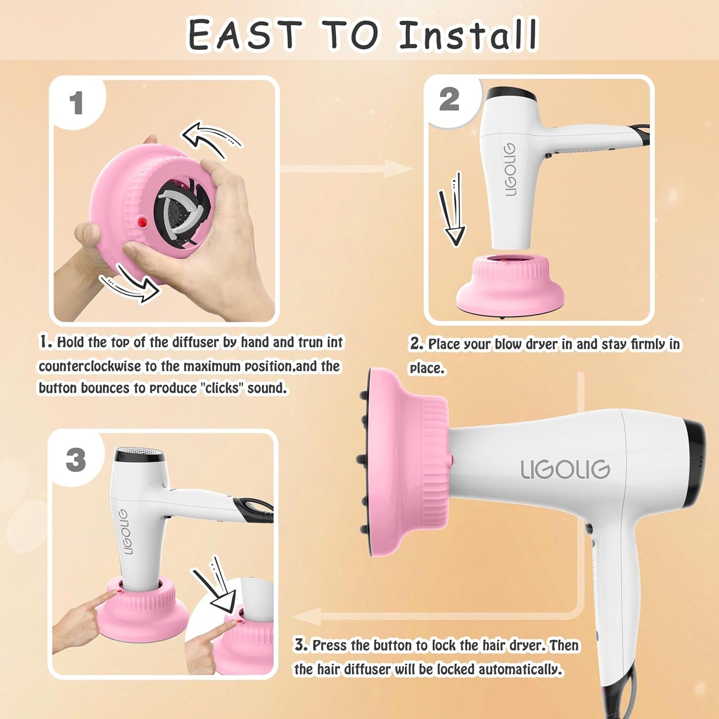 Hair Dryer Diffuser for Curly and Natural Wavy Hair,Universal Hair Diffuser,Hair Dryer Diffuser Attachment (Pink)