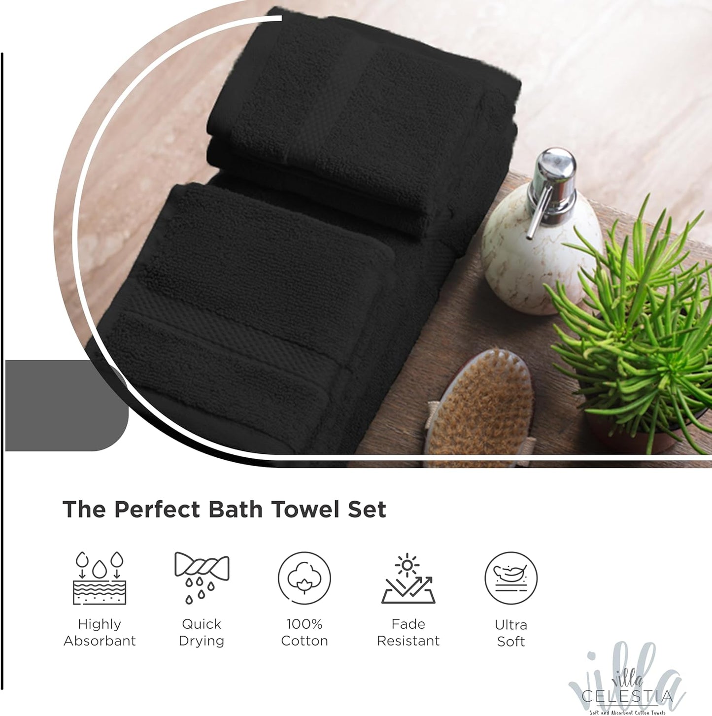 100% Cotton Bath Towel Set of 12-4 Bath Towels, 4 Hand Towels, 4 Wash Cloths, Sustainable, Soft, Highly Absorbent, Combed Cotton 12 Piece Set for Hotels, Spa, Bathroom, Dorm, Black