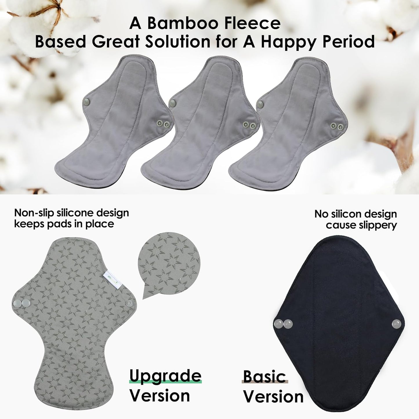 wegreeco 6 Pcs Reusable Menstrual Pads, Ultra Absorbent Cloth Pads for Heavy Flow, Sanitary for Teens, Women, Nonslip, Grey Inner, Grey Outer, X-Large