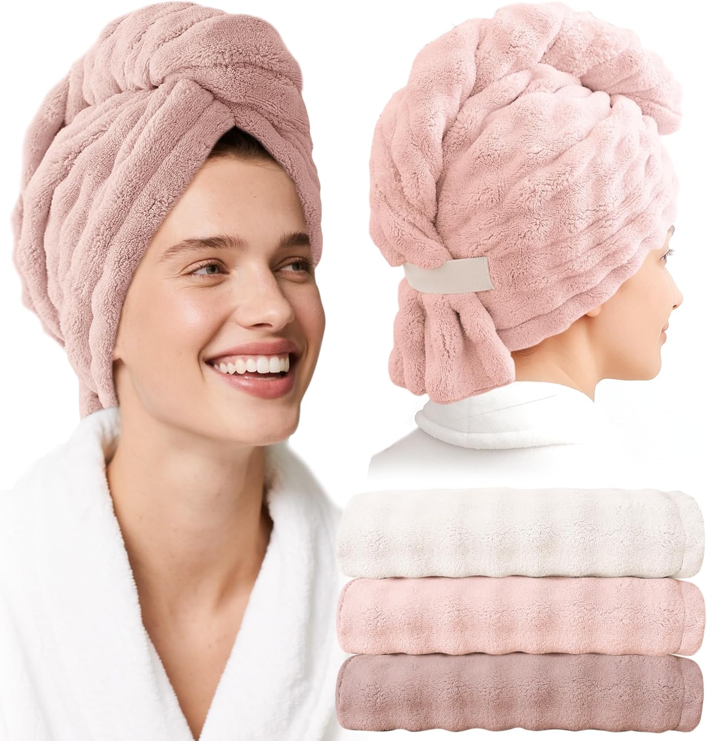 Microfiber Hair Towel Wrap for Women - 3 Pack Super Absorbent Quick Dry Hair Turban for Curly/Straight/Long/Short Hair (32"x11")