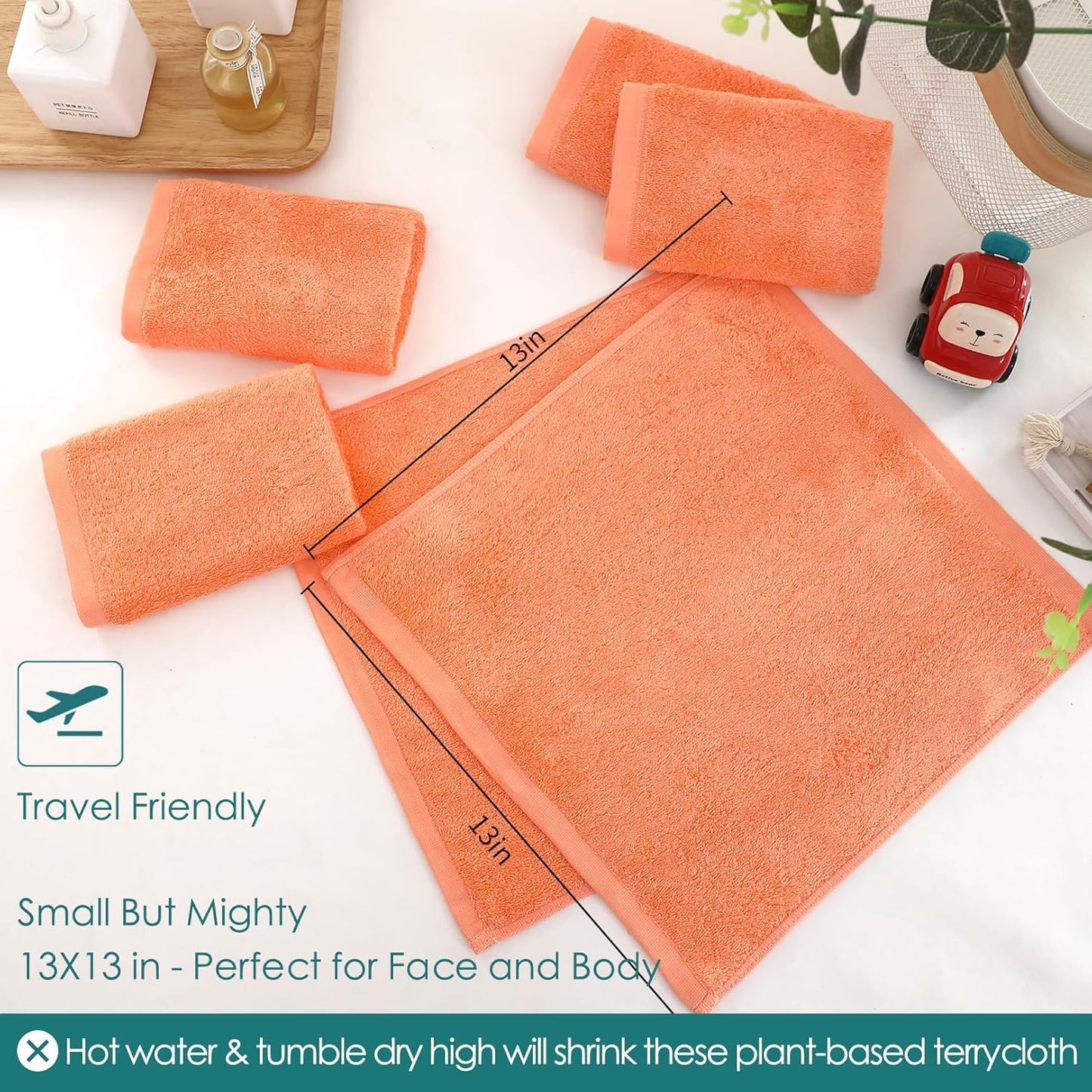 Face Towels 6 Pack, Extra Large 13x13 inch Orange Wash Cloths for Face and Body, Super Soft and Absorbent Bath Washcloths on Sensitive Skin, Easy to Clean Quick Dry Facial Cleaning Cloths with Loop
