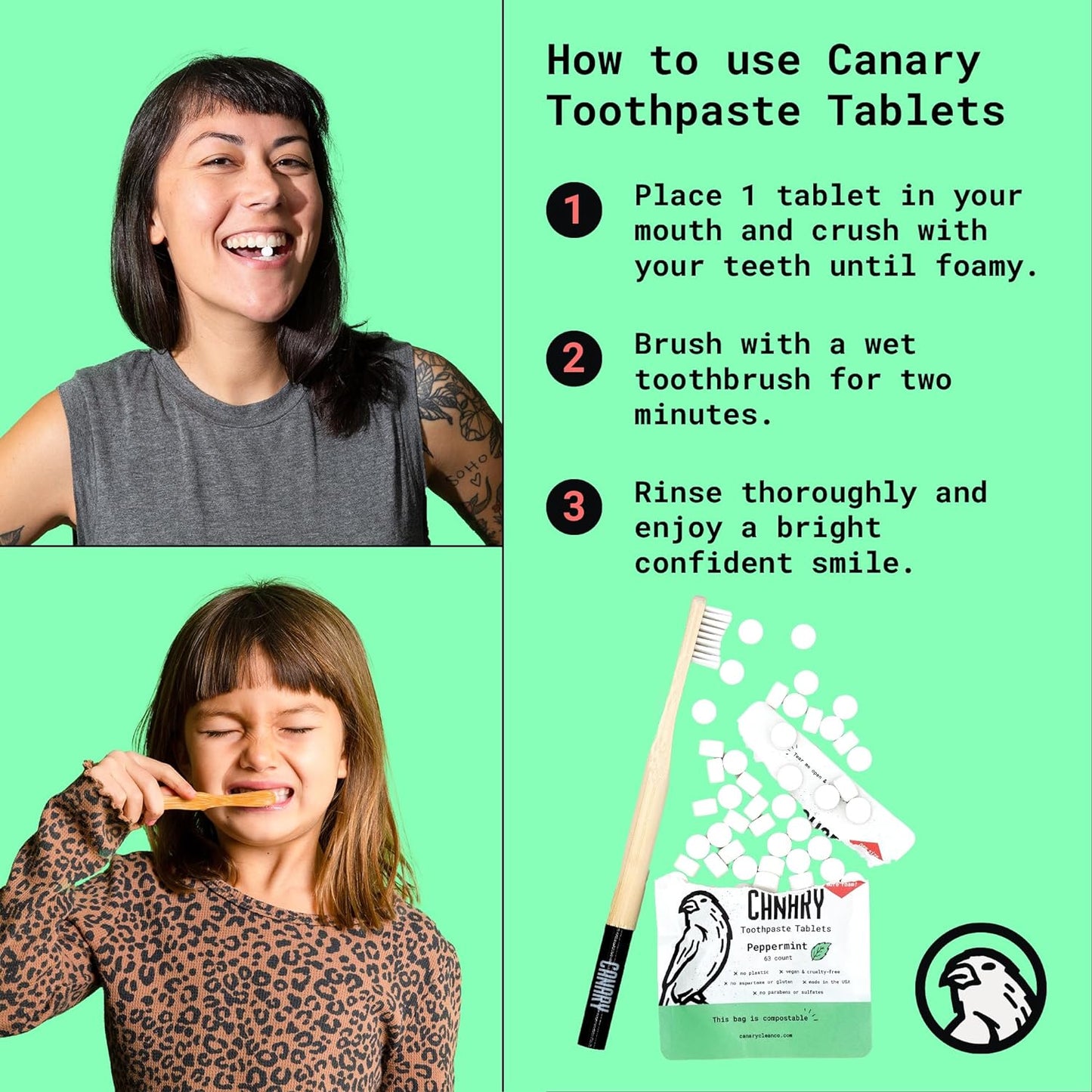 Canary Nano Hydroxyapatite Toothpaste Tablets Strawberry Kiwi - Remineralizing, Fluoride Free, All Natural Tabs with Xylitol - Great for Kids, Plastic Free - 189 Count