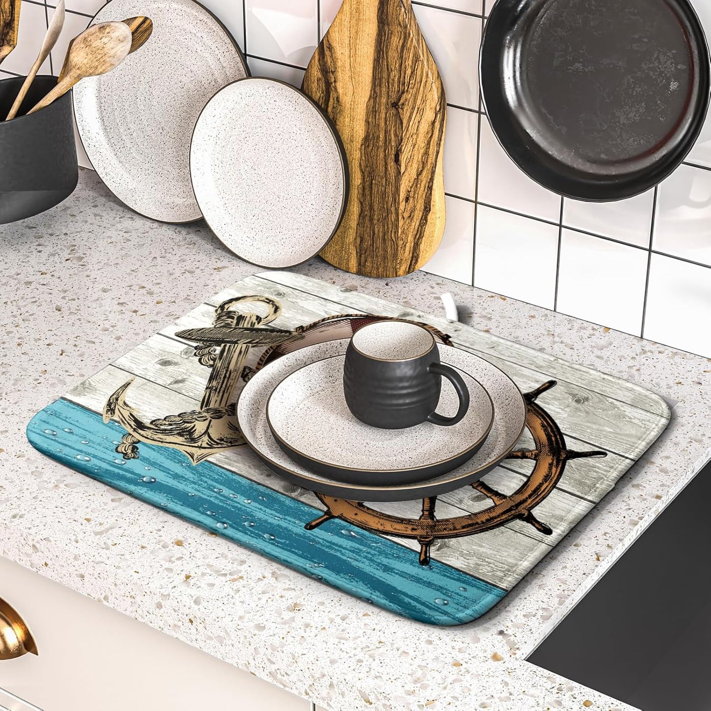 Nautical Anchor Dish Drying Mat 16x18 inch Coastal Boat Fast Dry Microfiber Reversible Dish Drainer Pad Kitchen Countertop Tabletop Decor