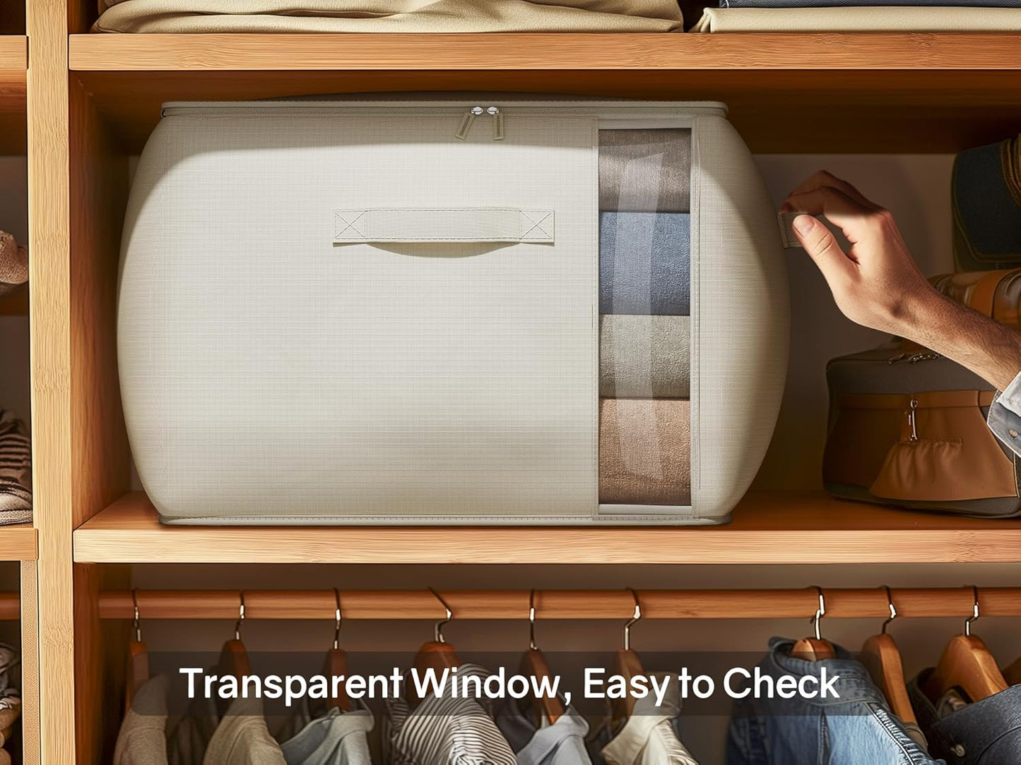 Large Canvas Clothes Storage Bags with Thick Handles and Clear Window, Foldable Cotton Linen Underbed Closet Organizer for Clothing, Blankets and Bedding, 60L, 6 Pack, Beige