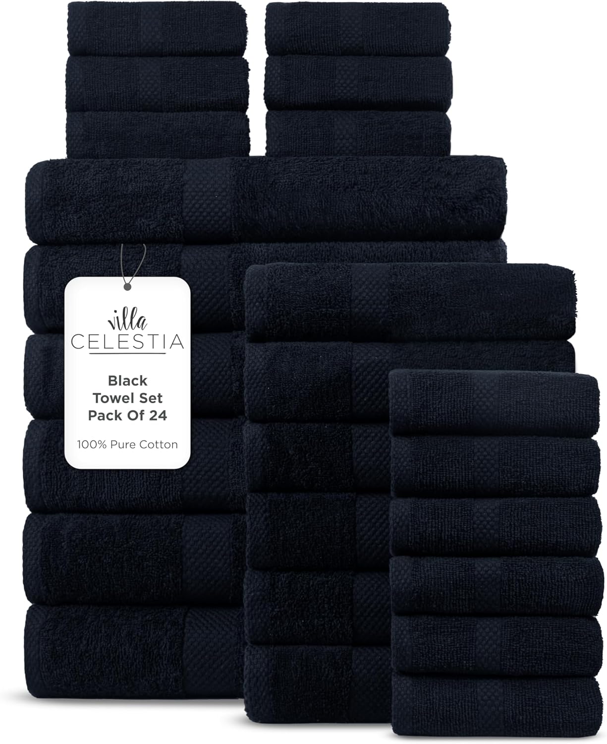 100% Cotton Bath Towel Set of 24-6 Bath Towels, 6 Hand Towels, 12 Wash Cloths, Sustainable, Soft, Highly Absorbent, Combed Cotton 24 Piece Set for Hotels, Spa, Bathroom, Dorm, Black