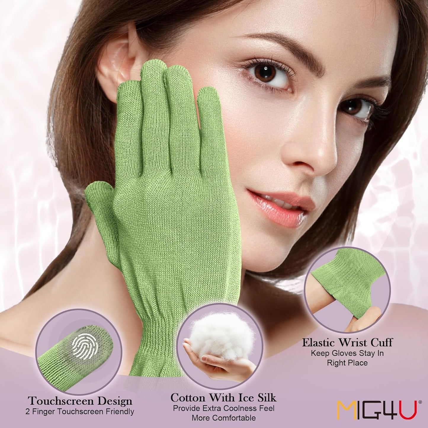 MIG4U Moisturizing Beauty Gloves Touchscreen Overnight Sleeping Glove for Women Dry Hands, Nighttime Lotion, Eczema, SPA, Cosmetic Treatment, Apple Green 3 Pairs Size S/M