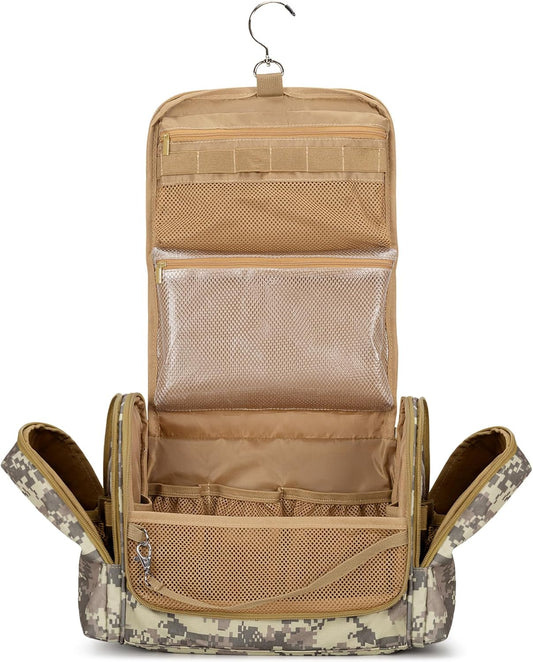 Tactical Toiletry Travel Bag for Men, Hanging Dopp Kit Hygiene Bag Shower Organizer with Hook for Toiletries and Shaving Care, Desert Yellow (Empty Bag)