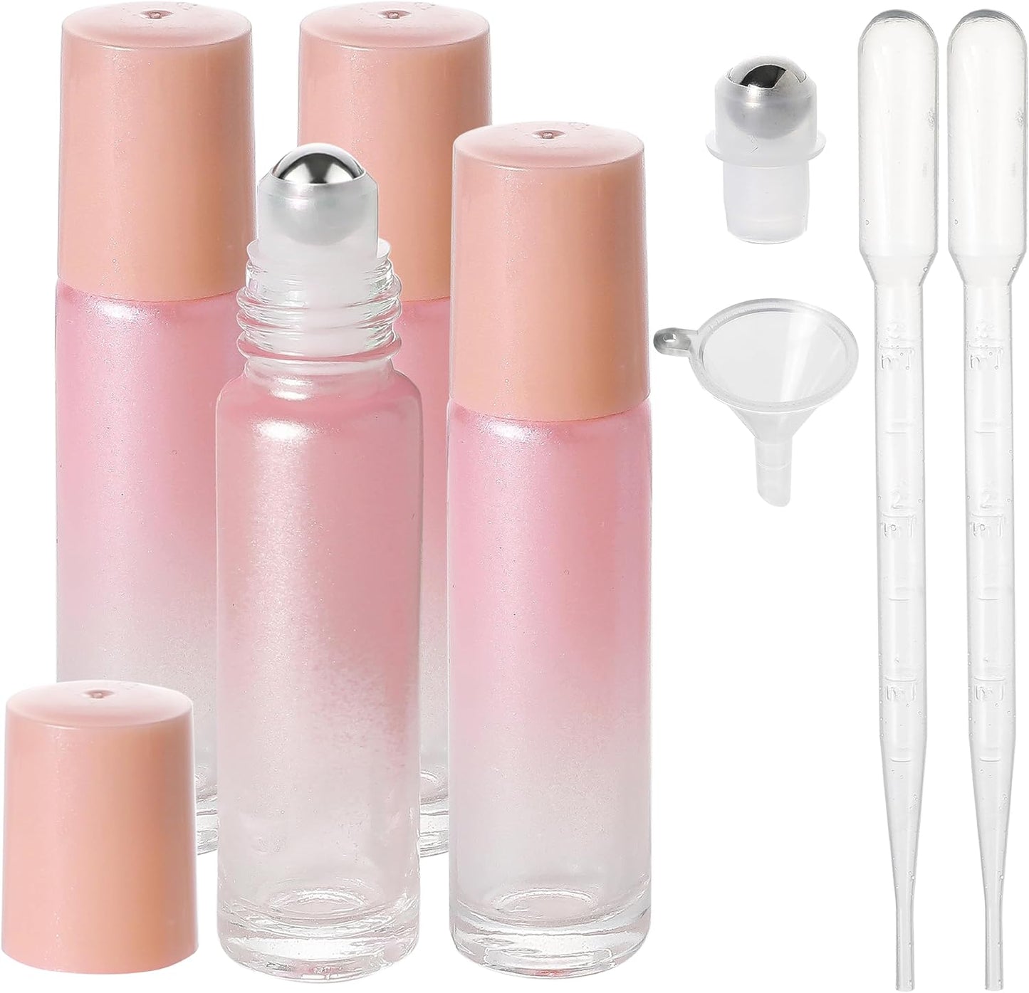 Essential Oil Roller Bottles, 10ml Thick Glass Perfume Roller Bottles with Funnel Opener and Dropper Colored Glass Empty Bottles with Stainless Steel Roller Balls (Pink, 4 Pack)