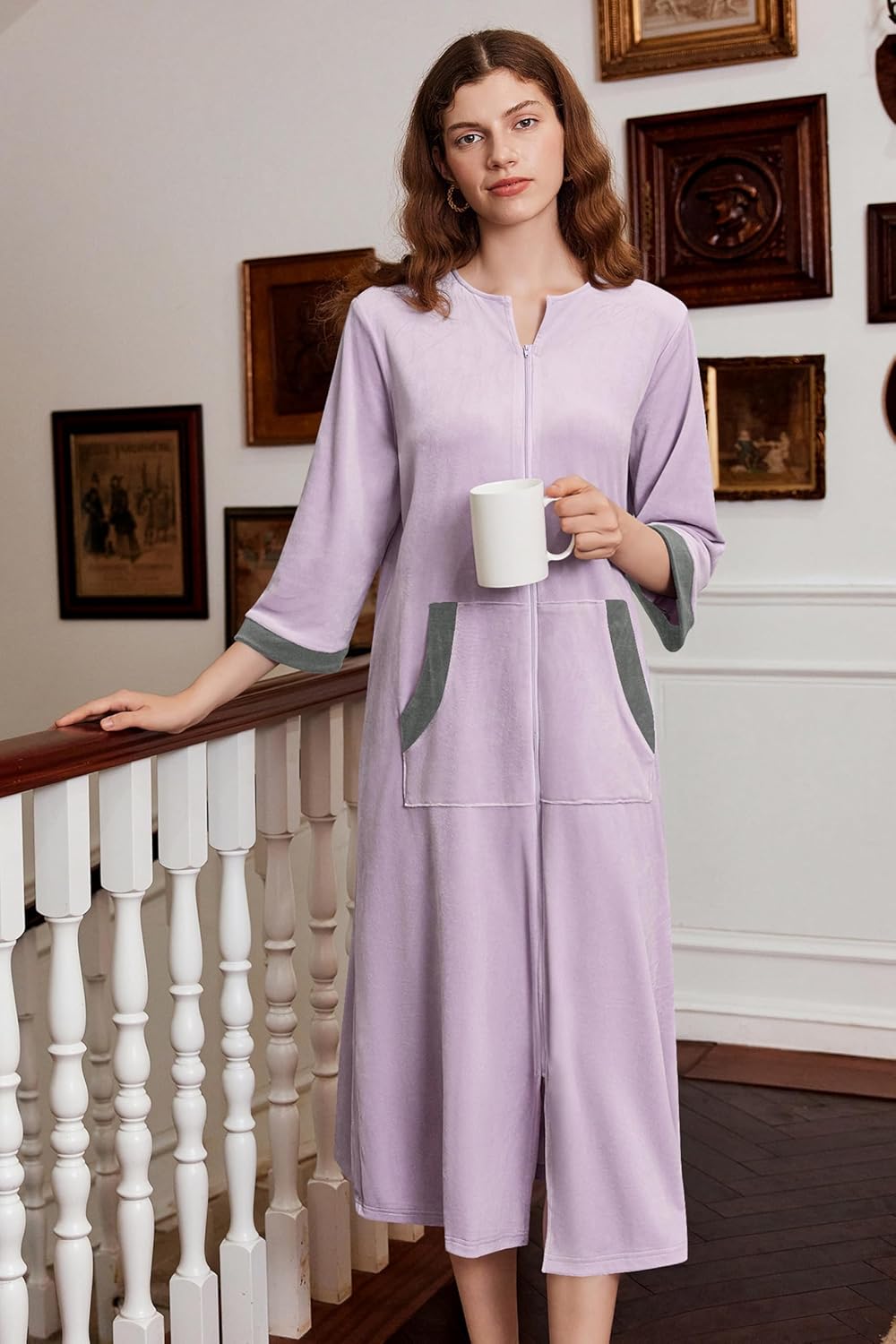 Ekouaer Women Zipper Robe 3/4 Sleeves Loungewear Dress Full Length Sleepwear Pockets Housecoat Nightgown Long Bathrobe