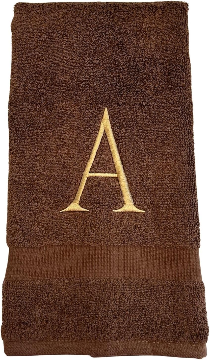 Brown Initial Hand Towel for Bathroom - Monogrammed Luxury Hotel Quality Decorative Embroidered Towel for Powder Room, Spa - GOTS Organic Certified - Set of 2 Beige Letter M