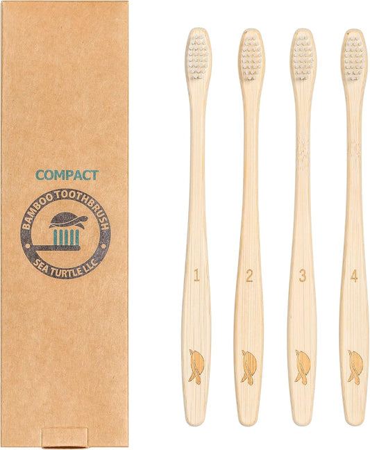 Sea Turtle Plant-Based Bristles, Compact Bamboo Toothbrushes, Soft Natural Toothbrush for Adults (4 Pack)