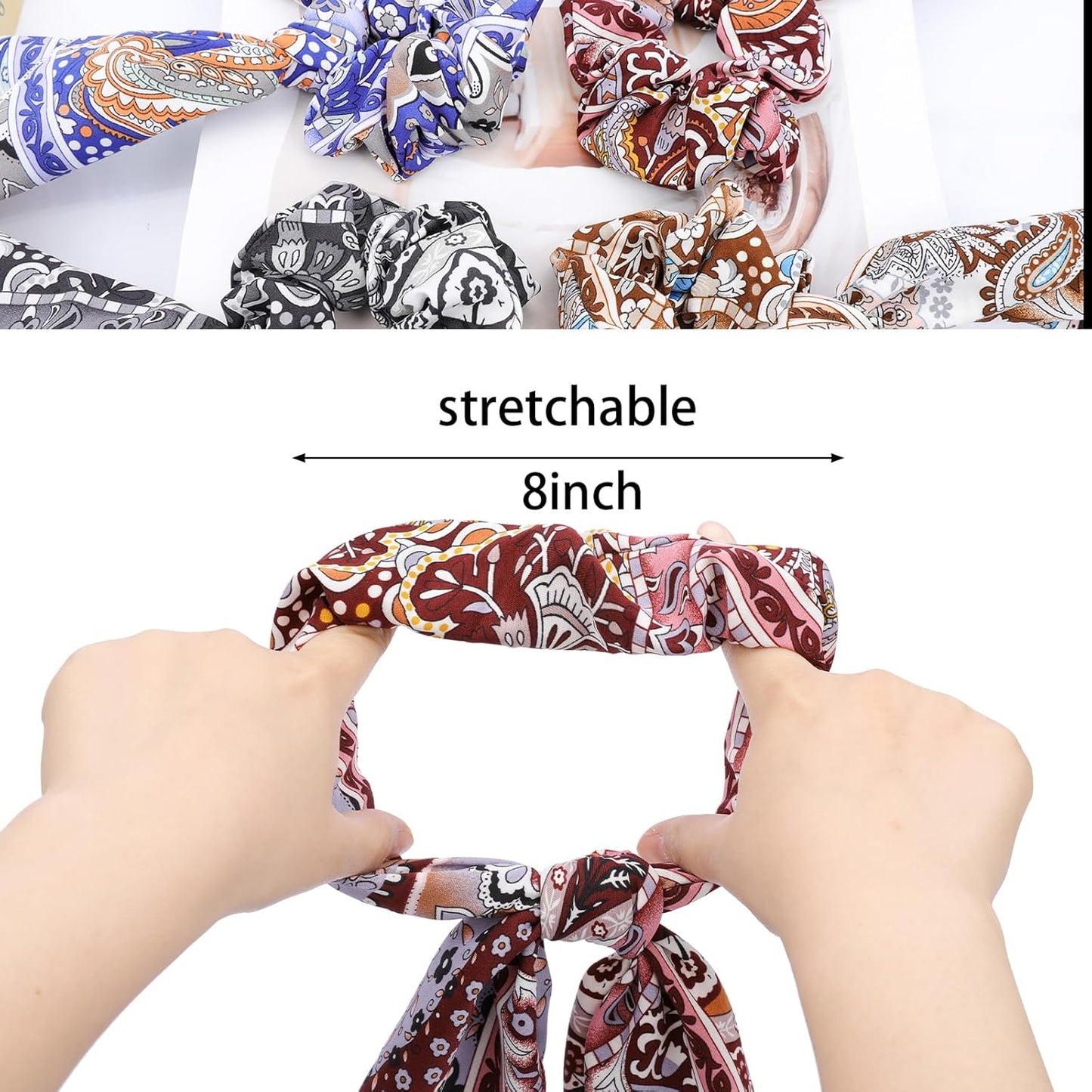 Scrunchie Scarf for Women,6PCS Bow Scrunchie Hair Scarf Ties,2 in 1 Design Paisley Scrunchies Bandanas Ponytail Ribbons,No Hurt Accessories for Thick Hair