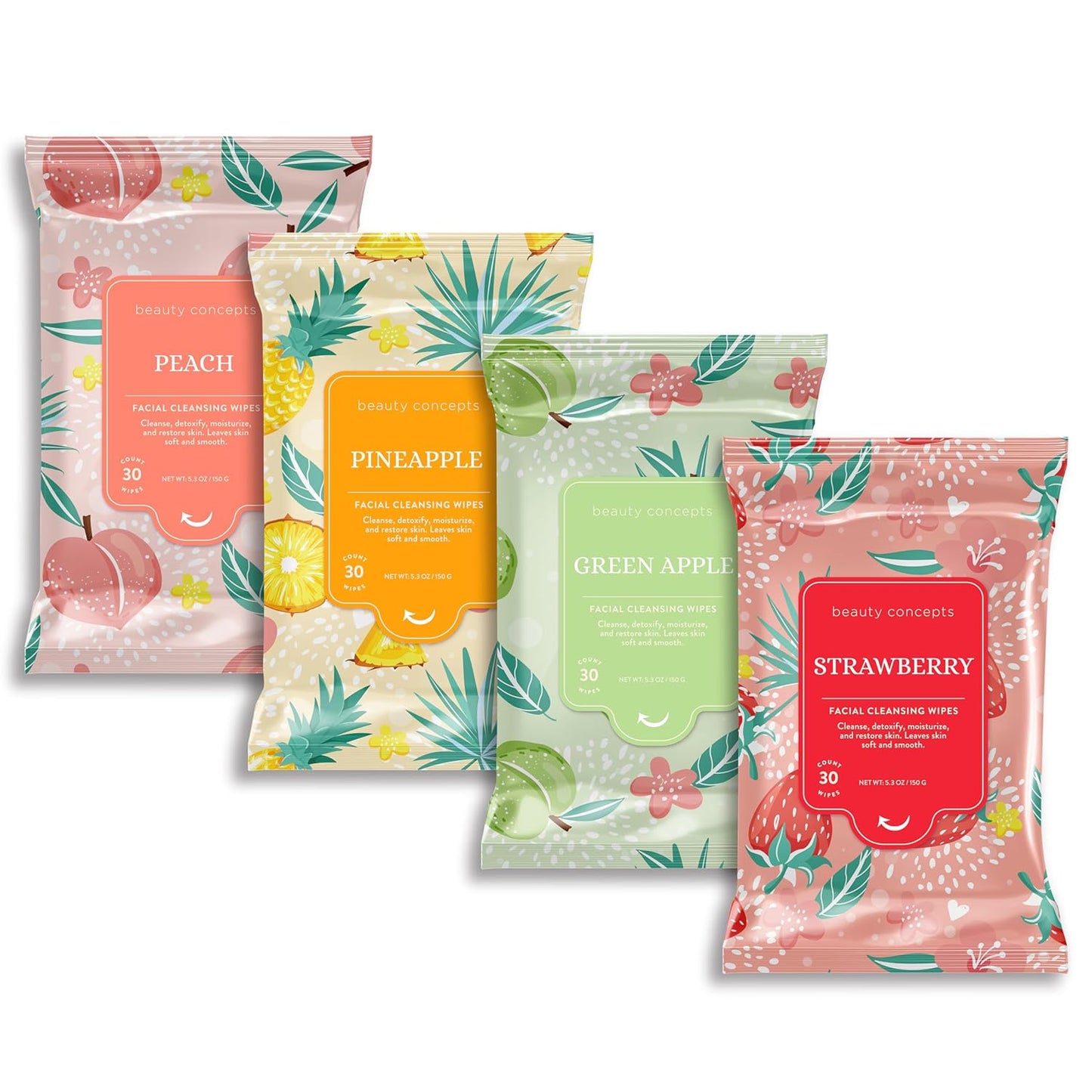 Beauty Concepts Facial Wipe Set - Packs of Face Wipes, Makeup Removing Wipes, Peach, Pineapple, Green Apple, Strawberry