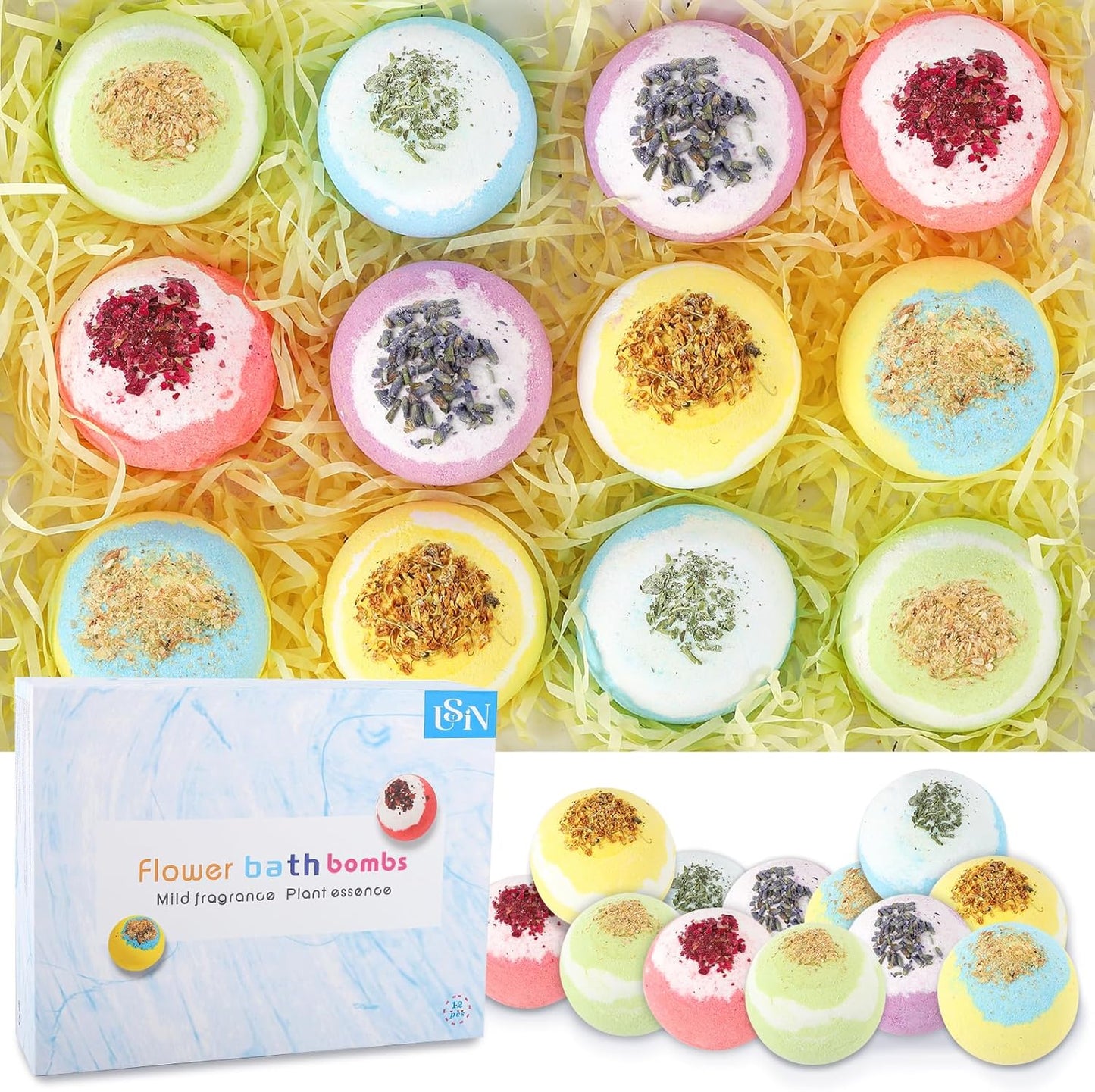 Bath Bombs for Women, USIN Natural Bubble Bath Balls Gift Set, Pack of 12 Pcs Multiple Bath Bomb, SPA Relaxing, Self Care, Gifts for Women, Men, Girls, Boys, Natural Flower Petals, 3.53 Oz Large Size