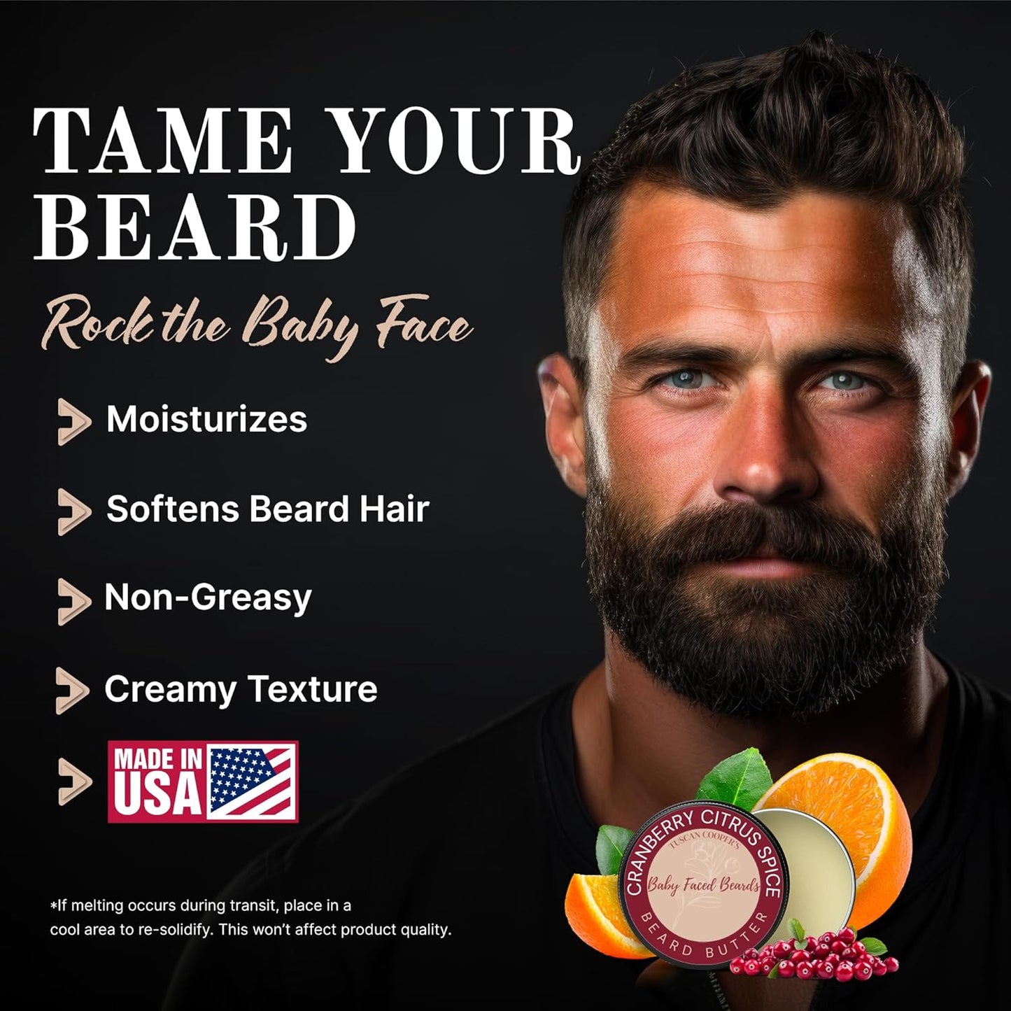 Tuscan Cooper's Baby Faced Beards Butter for Men - Moisturizing Beard Balm Cream and Softener for All Hair Types Including Coarse Hair - 4oz Hydration and Conditioning Care - Cranberry Citrus Spice