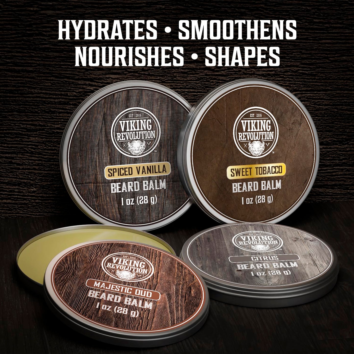 Viking Revolution 4 Beard Balm Variety Pack (1oz Each)- Spiced Vanilla, Sweet Tobacco, Majestic Oud, Citrus - Styles, Strengthens & Softens Beards & Mustaches - Leave in Conditioner Wax for Men