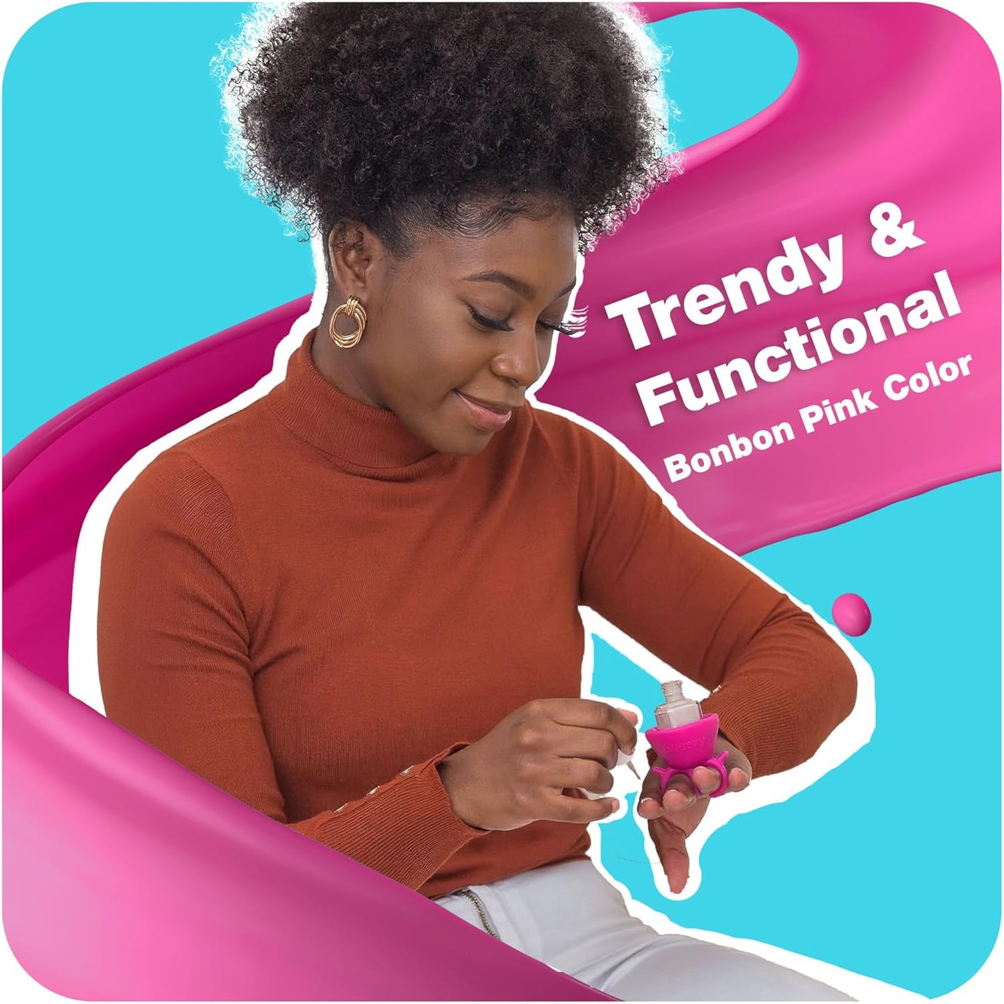 Tweexy Wearable Nail Polish Holder Ring - Hands-Free, Portable Manicure Accessory, Secure Grip for All Bottle Sizes, Convenient Nail Polish Organizer Stand (Bonbon pink)