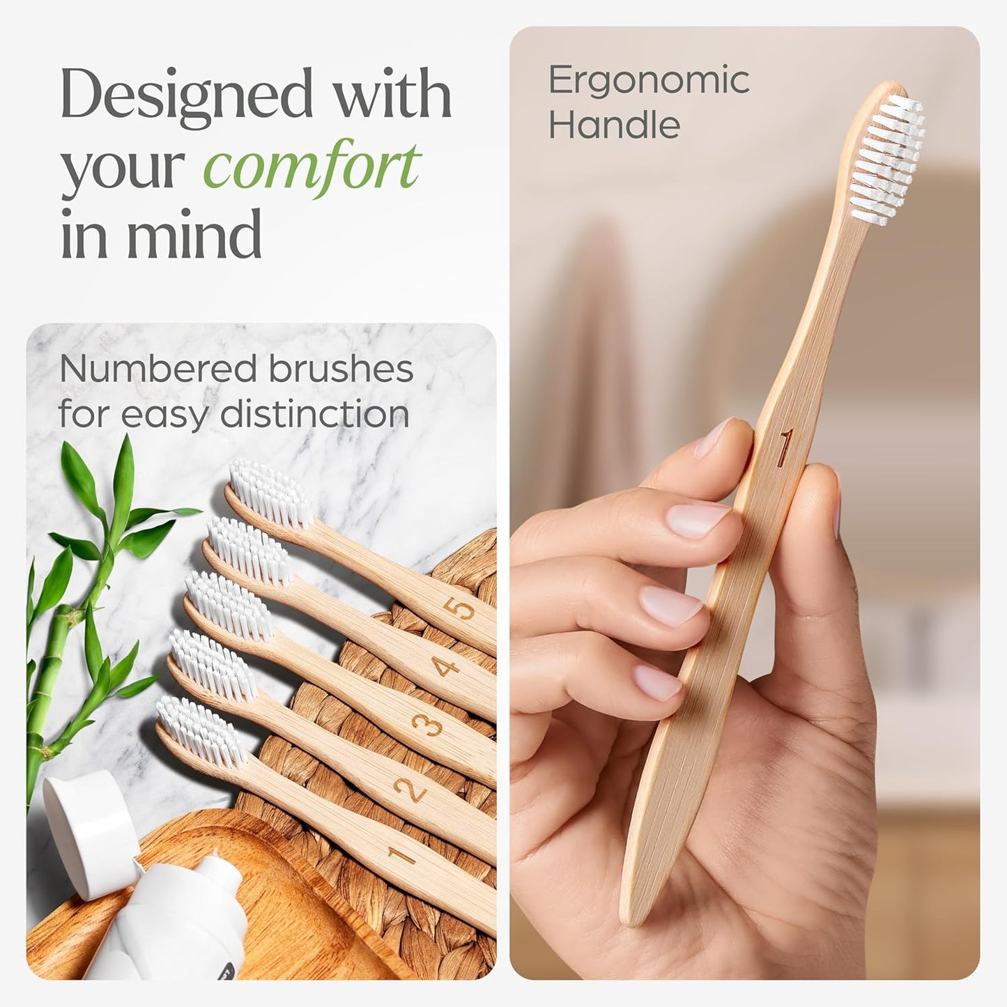 Bamboo Toothbrushes 10 Pack – Natural Toothbrushes, Plant-Based Soft Bristles – Eco-Friendly Wooden Toothbrush