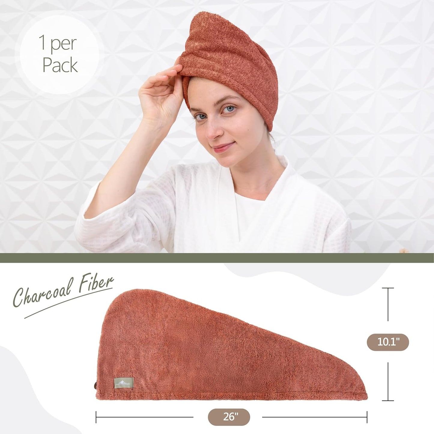 myHomeBody Hair Towel Wrap, Luxury Quick Drying Turban, Ultra Soft Absorbent Charcoal Fiber Cap, with Coconut Shell Button – Cinnamon