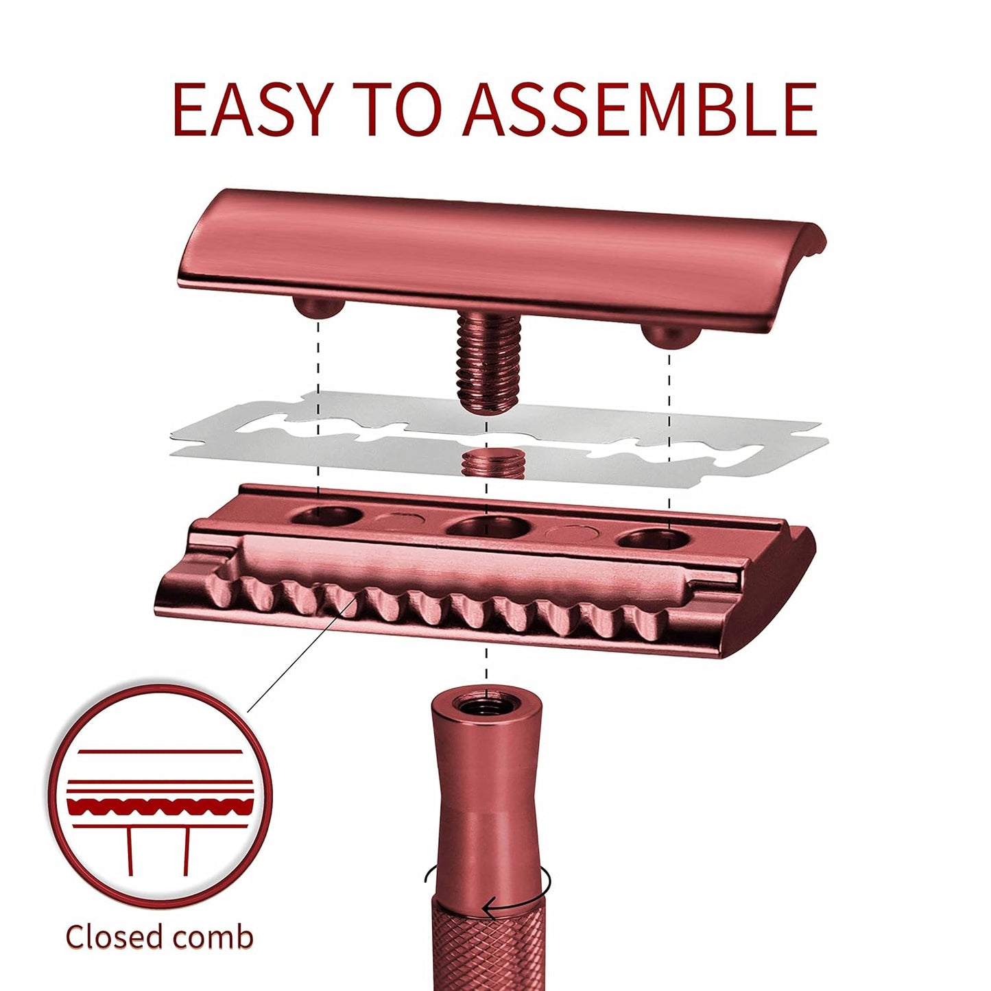 Bambaw Single Blade Double Edged Safety Razor with 5 Blades, Durable Metal Razor for Men & Women, Reusable & Plastic Free Double Edge Safety Razors for Men – Red