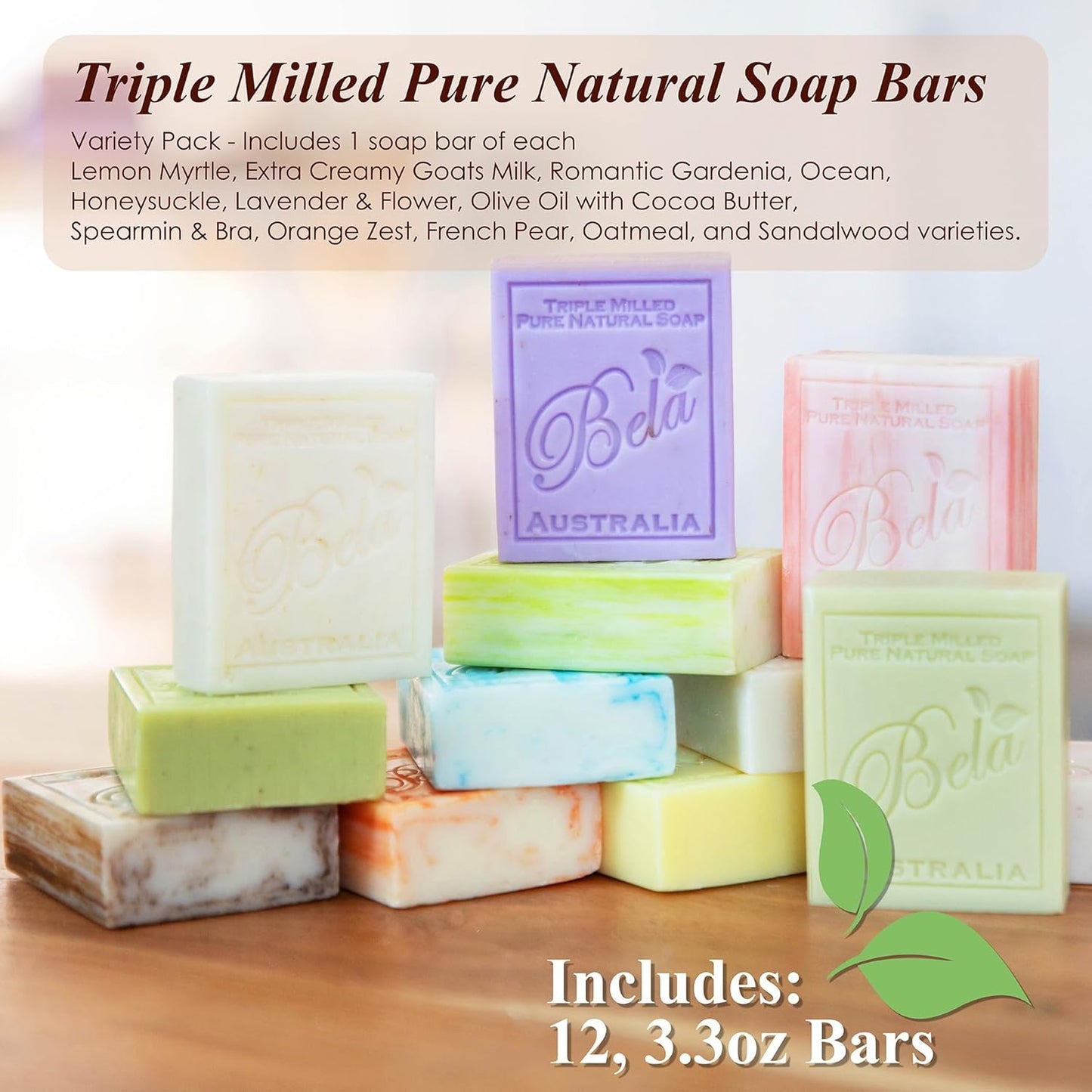 BELA Triple Milled Soap Variety Pack 3.3 OZ Pack of 12, Long Lasting French Triple Milled Bar Soap with Organic Shea Butter, Hand, Face and Body Soap Bar, Made in Australia